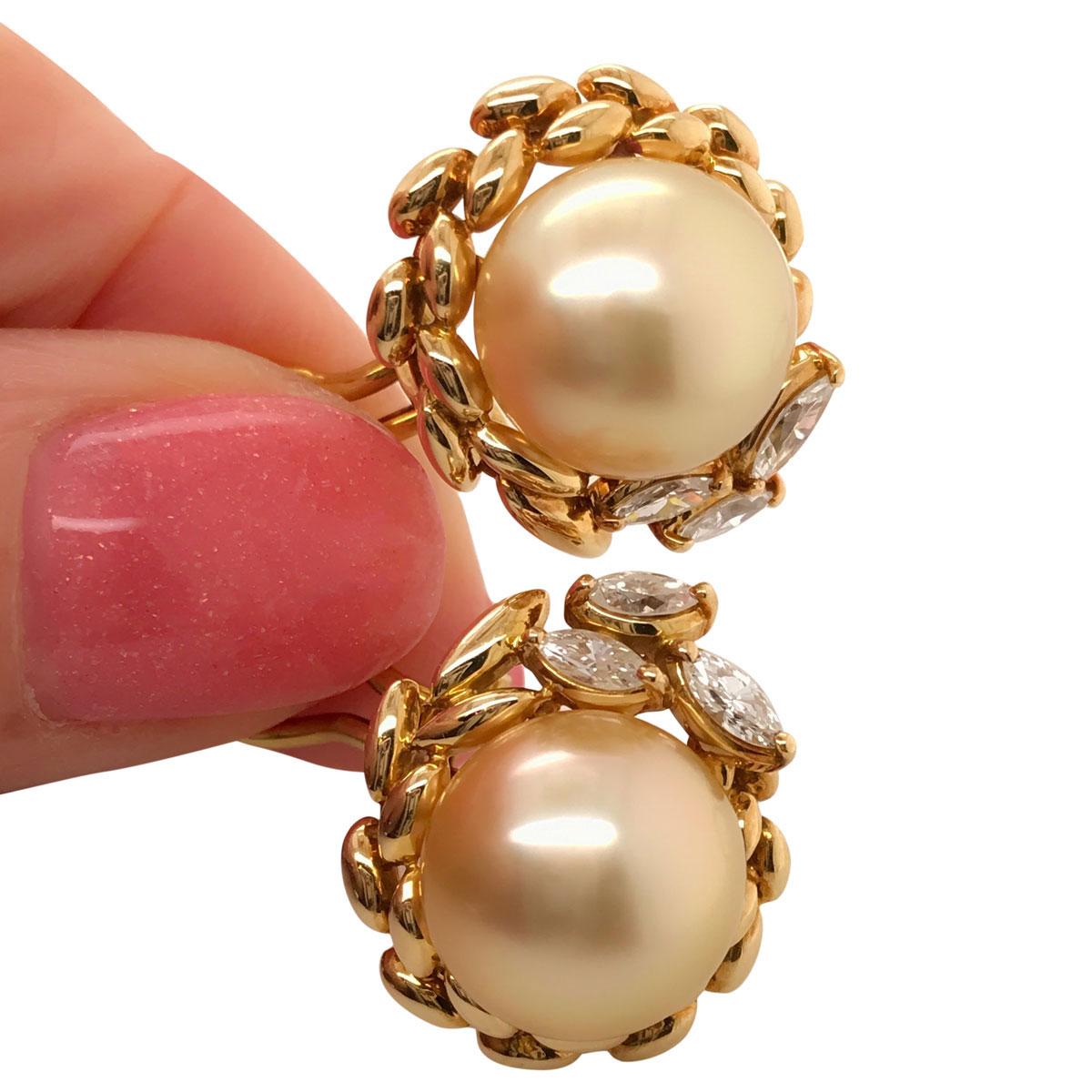 Gold South Sea Cultured Pearl and Diamond 18 Karat Yellow Gold Ear Clips 5