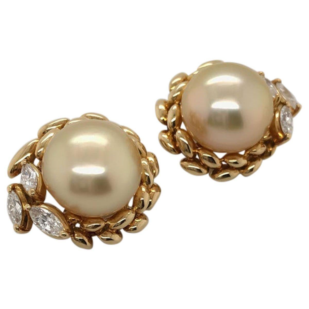 Round Cut Gold South Sea Cultured Pearl and Diamond 18 Karat Yellow Gold Ear Clips