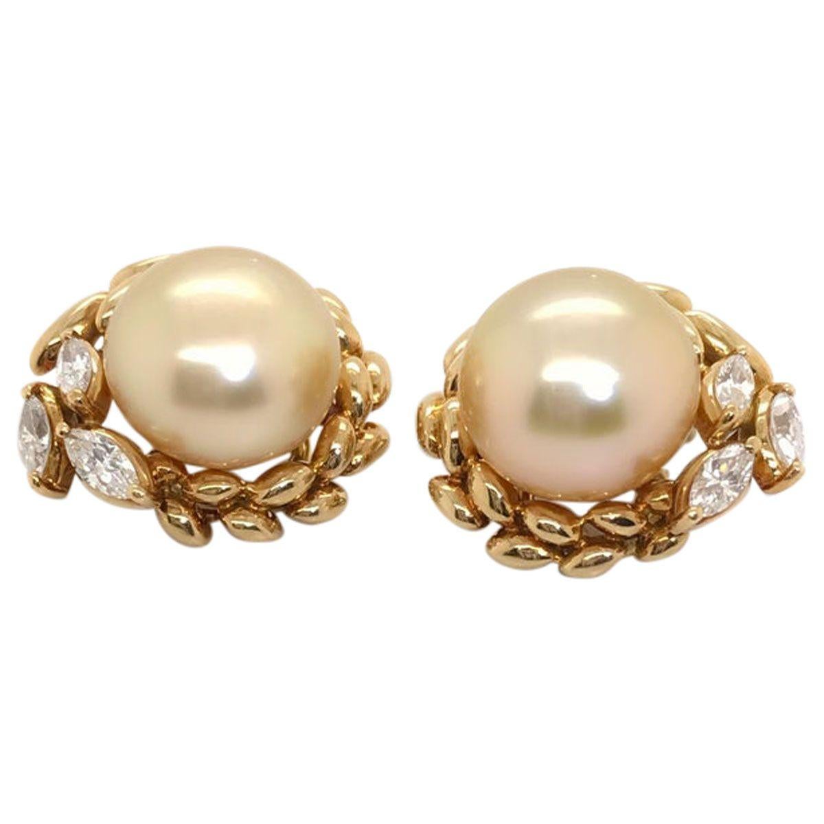 Women's Gold South Sea Cultured Pearl and Diamond 18 Karat Yellow Gold Ear Clips