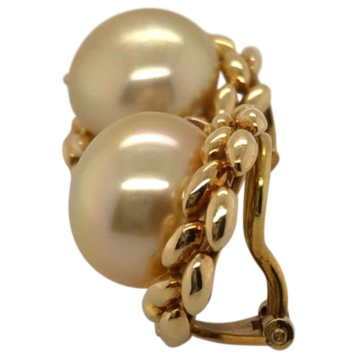 Gold South Sea Cultured Pearl and Diamond 18 Karat Yellow Gold Ear Clips 1