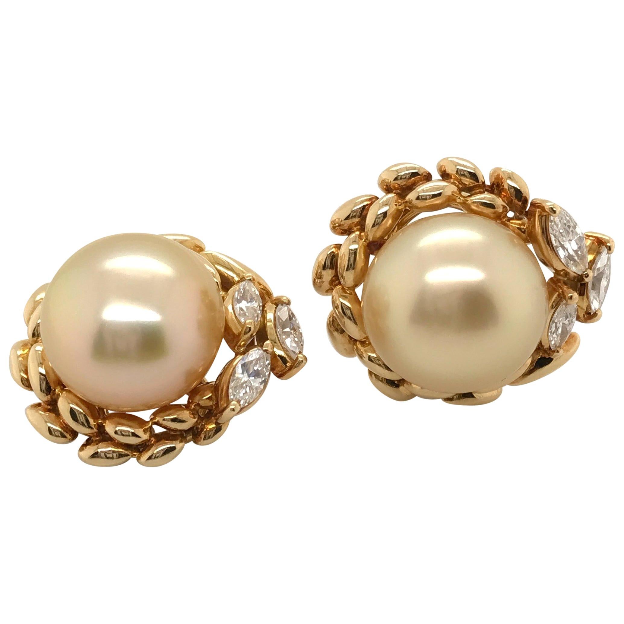Gold South Sea Cultured Pearl and Diamond 18 Karat Yellow Gold Ear Clips