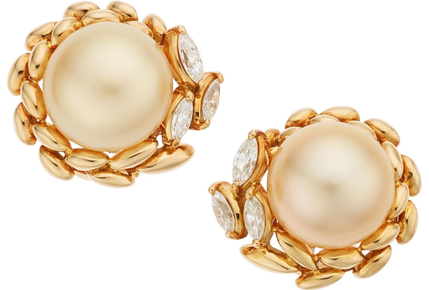 Glamorous and effortlessly stylish is how you would describe these pearl ear clips. The focal point is two beautiful golden South Sea Pearls measuring 11.6mm and 11.7mm enhanced with approximately 0.50cts of bright, white marquise cut diamonds,