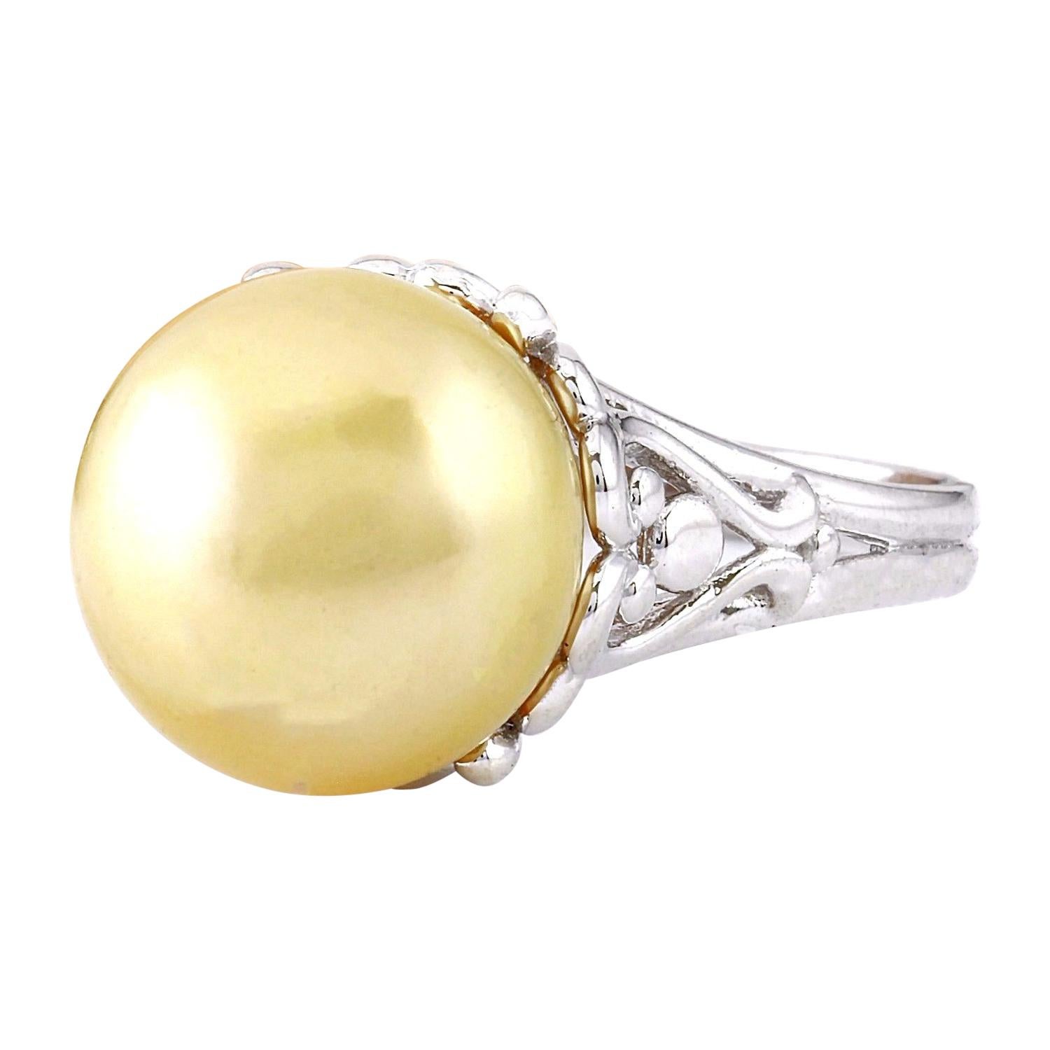 12.90 mm Gold South Sea Pearl 14K Solid White Gold Ring
 Item Type: Ring
 Item Style: Cocktail
 Material: 14K White Gold
 Mainstone: South Sea Pearl
 Stone Color: Gold
 Stone Shape: Round
 Stone Quantity: 1
 Stone Dimensions: 12.90x12.90 mm
 Stone