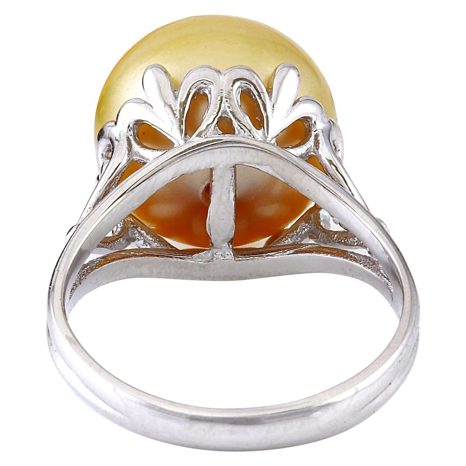 Round Cut Gold South Sea Pearl 14 Karat Solid White Gold Ring For Sale