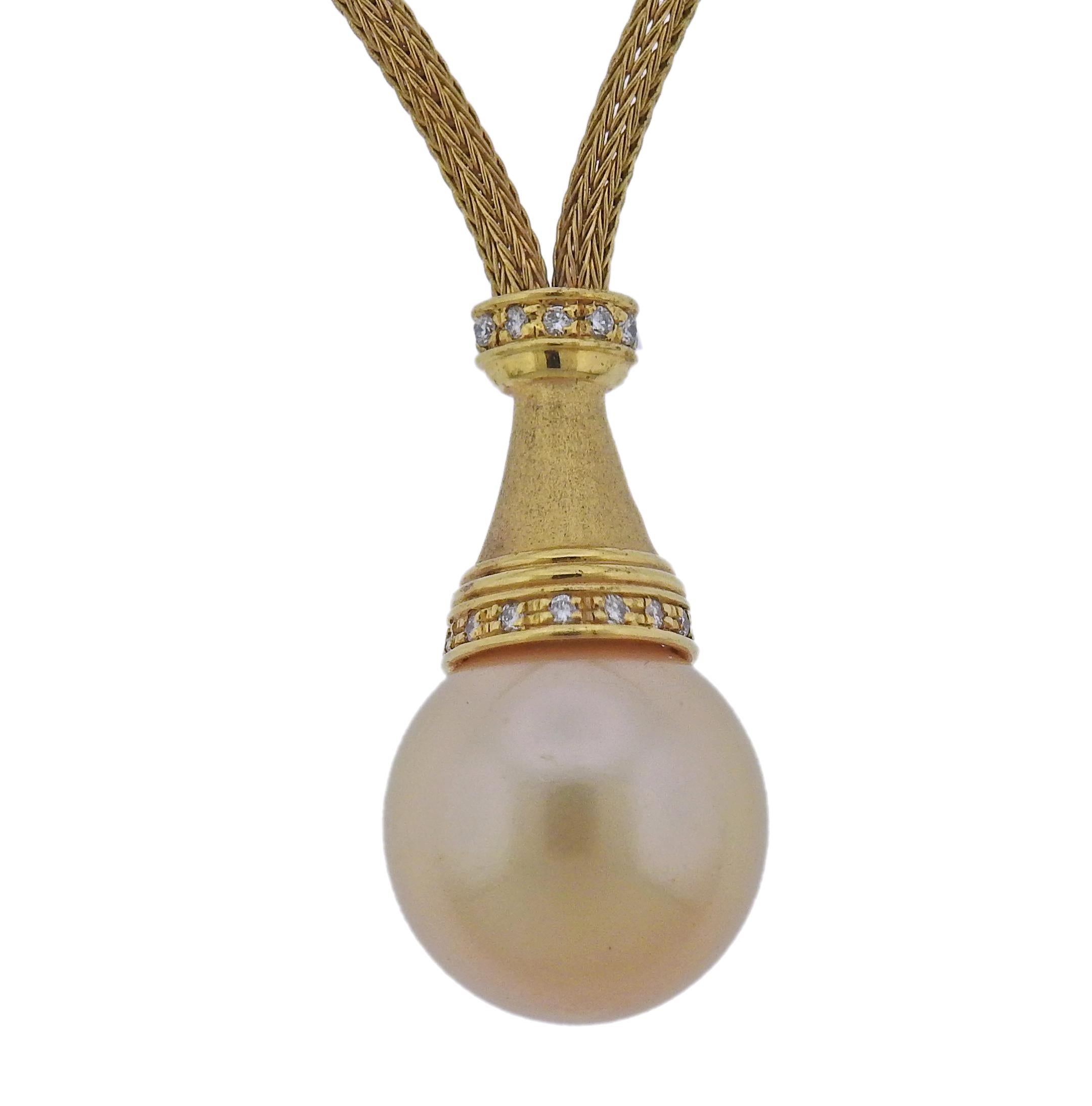 Round Cut Gold South Sea Pearl Diamond Pendant Necklace