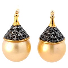Boucles d'oreilles pendantes en or 18 carats, perles des mers du Sud avec pavé de diamants noirs