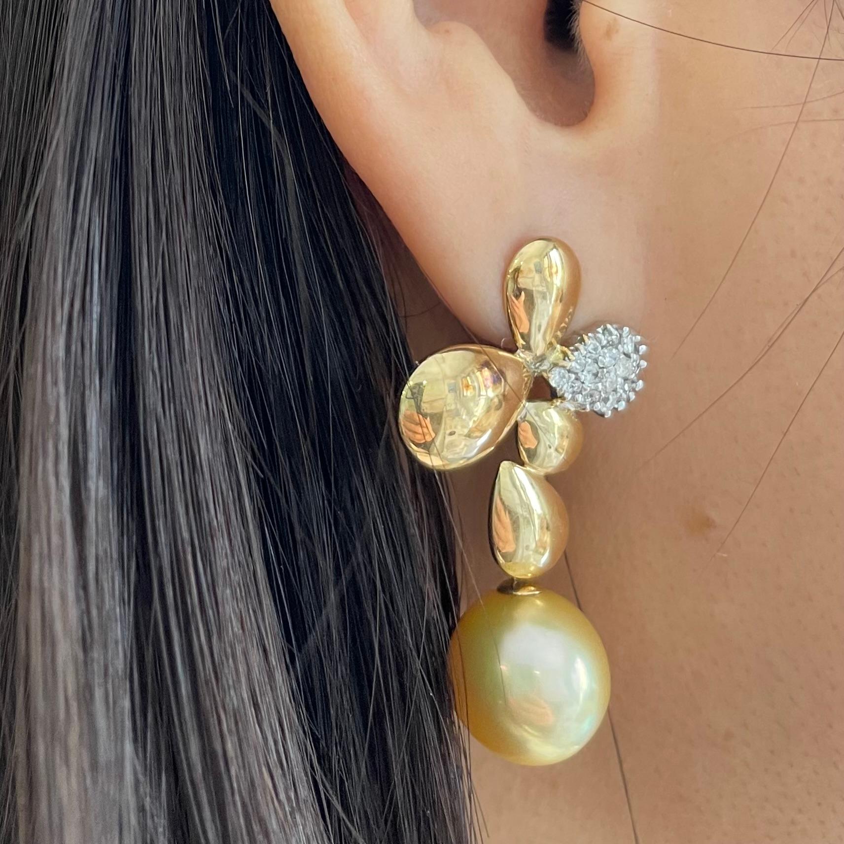 Brilliant Cut Gold South Sea Pearl Gold Diamond Earrings, 'E210' For Sale