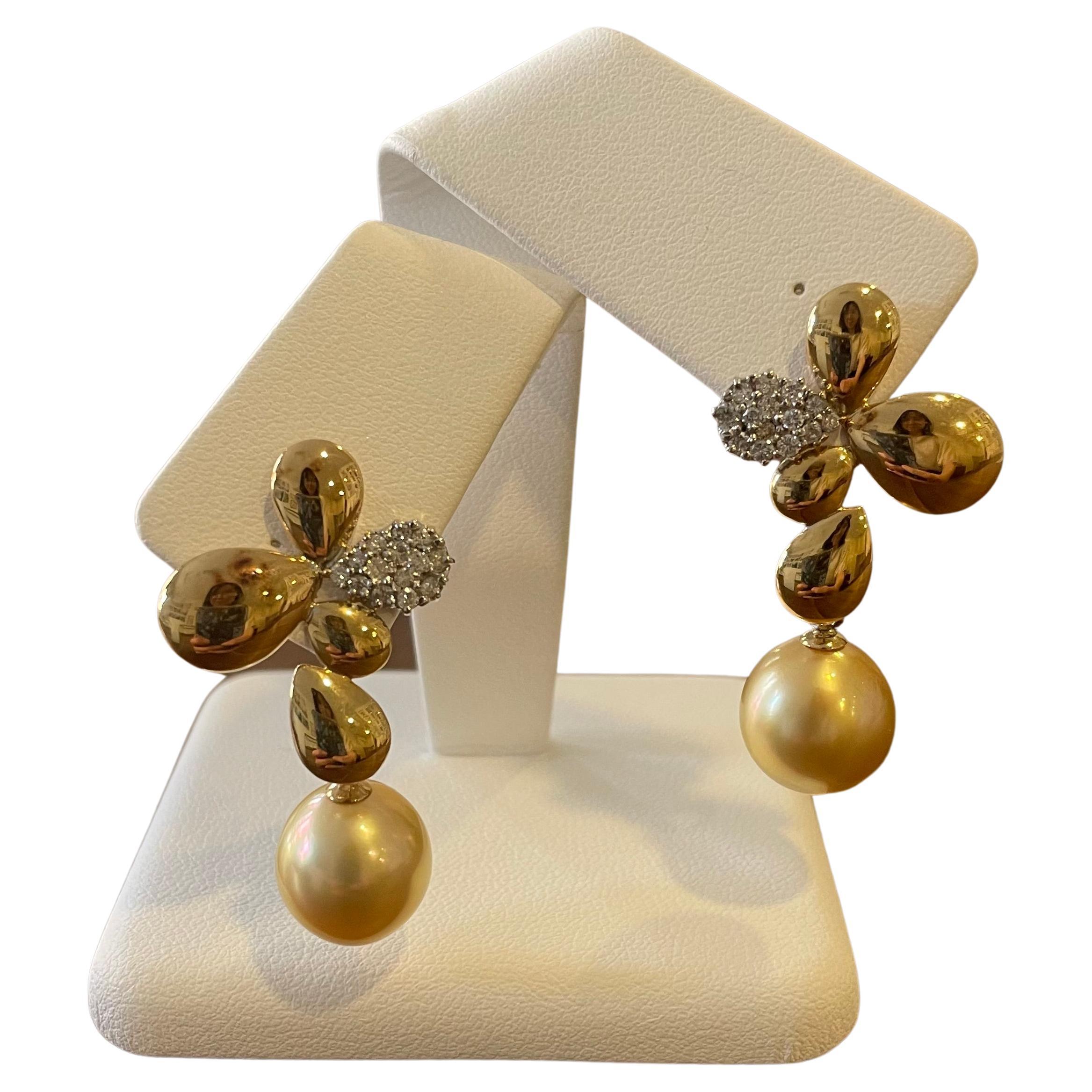Gold South Sea Pearl Gold Diamond Earrings, 'E210' For Sale