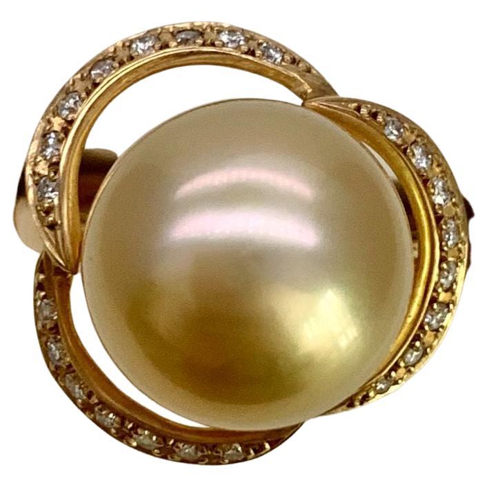 Gold South Sea Pearl Gold Diamond Ring, 'R55' For Sale