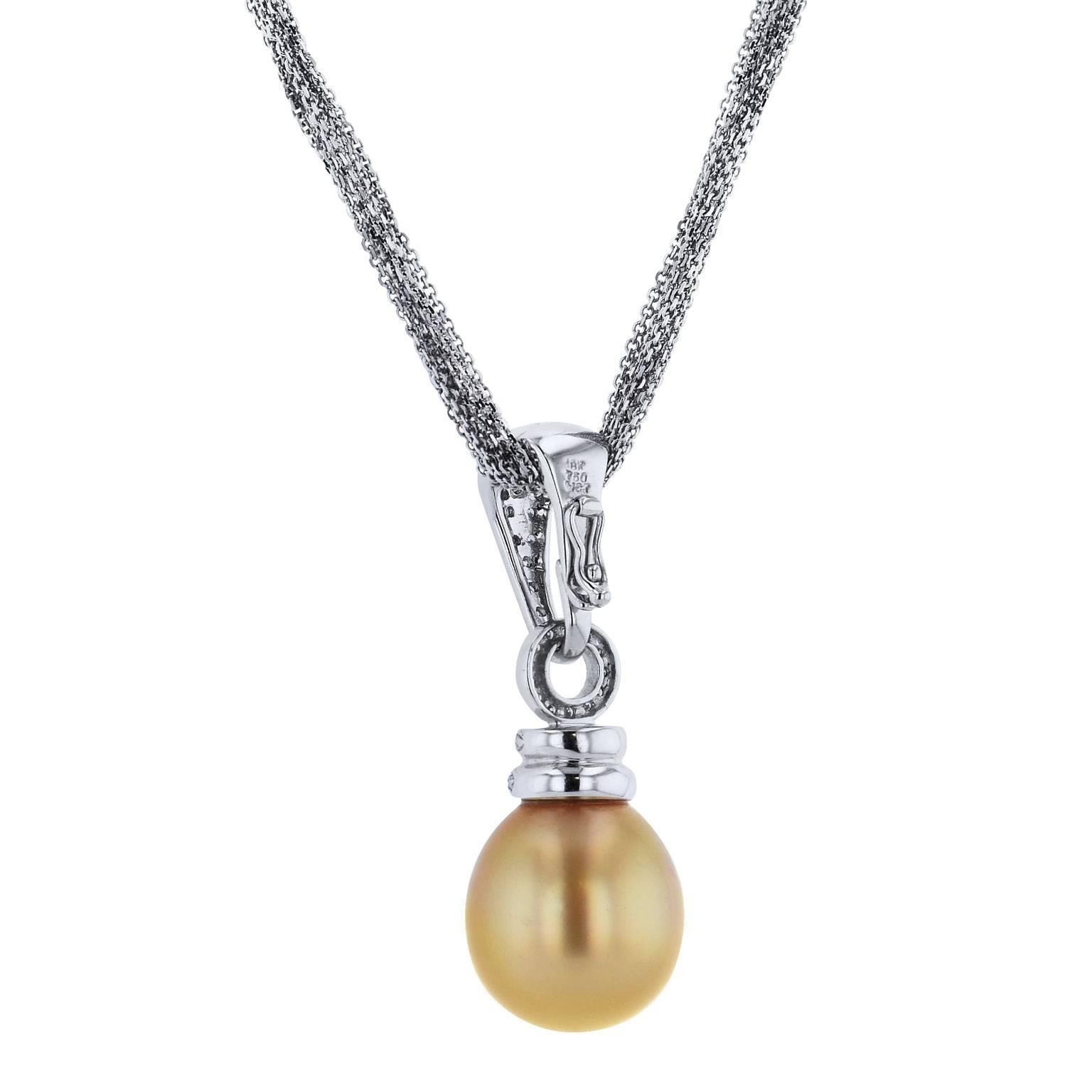 Round Cut Golden South Sea Pearl and Pave Set Diamond Pendant 18 Karat White Gold 