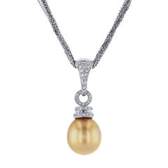 Golden South Sea Pearl and Pave Set Diamond Pendant 18 Karat White Gold 