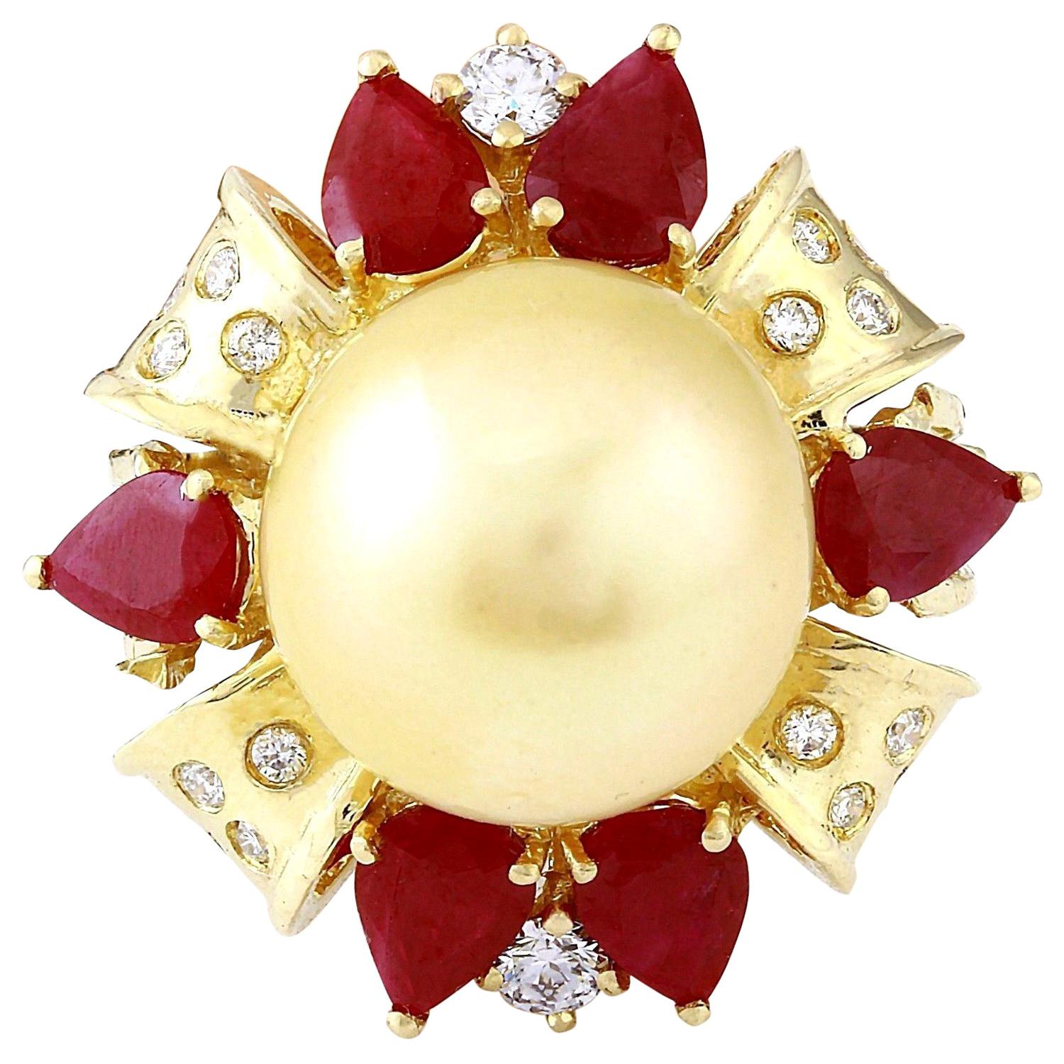 Gold South Sea Pearl, Ruby Diamond Ring In 14 Karat Solid Yellow Gold  For Sale