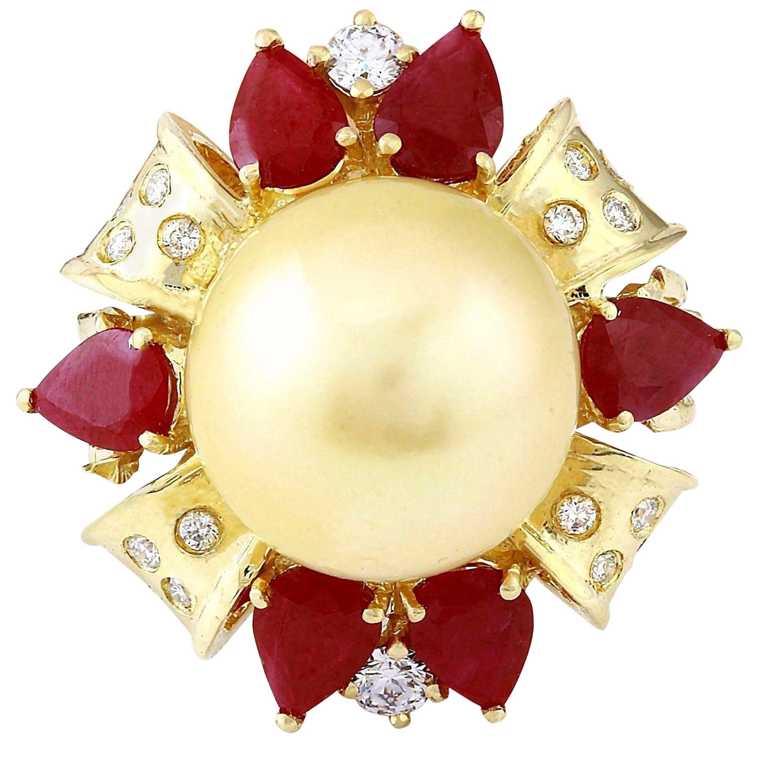 Gold South Sea Pearl, Ruby 18 Karat Solid Yellow Gold Diamond Ring