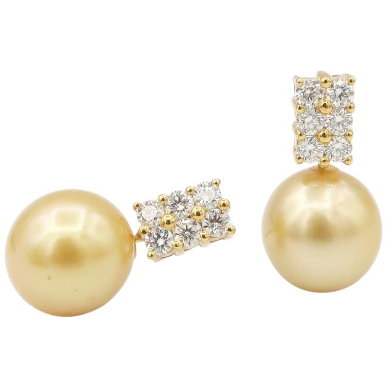 BOON Gold South Sea Pearl with 2 Rows of Diamonds Earrings in 18K Yellow Gold For Sale
