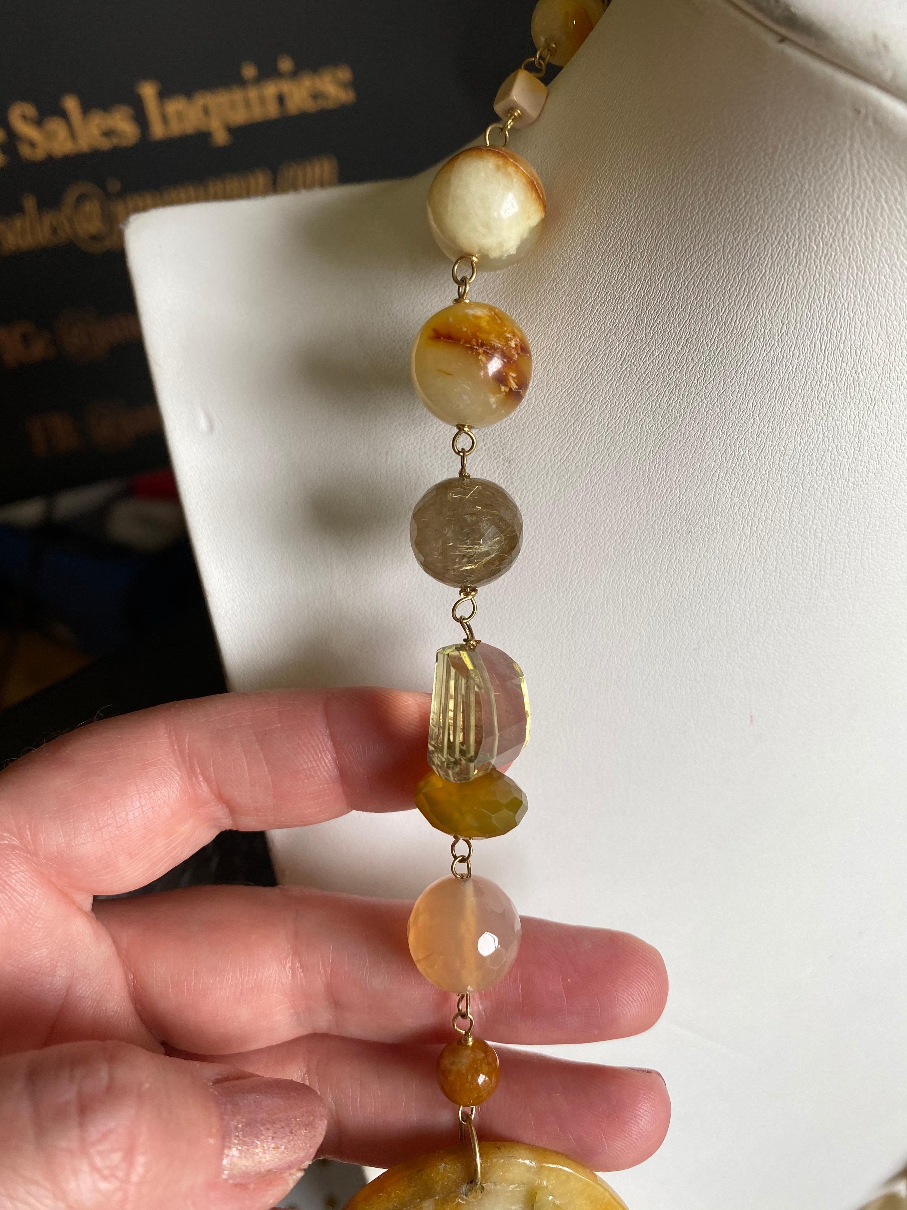 Gold South Sea Pearls, Honey Jade, Multi Gemstone 18kt Gold Statement Necklace In Excellent Condition For Sale In New York, NY