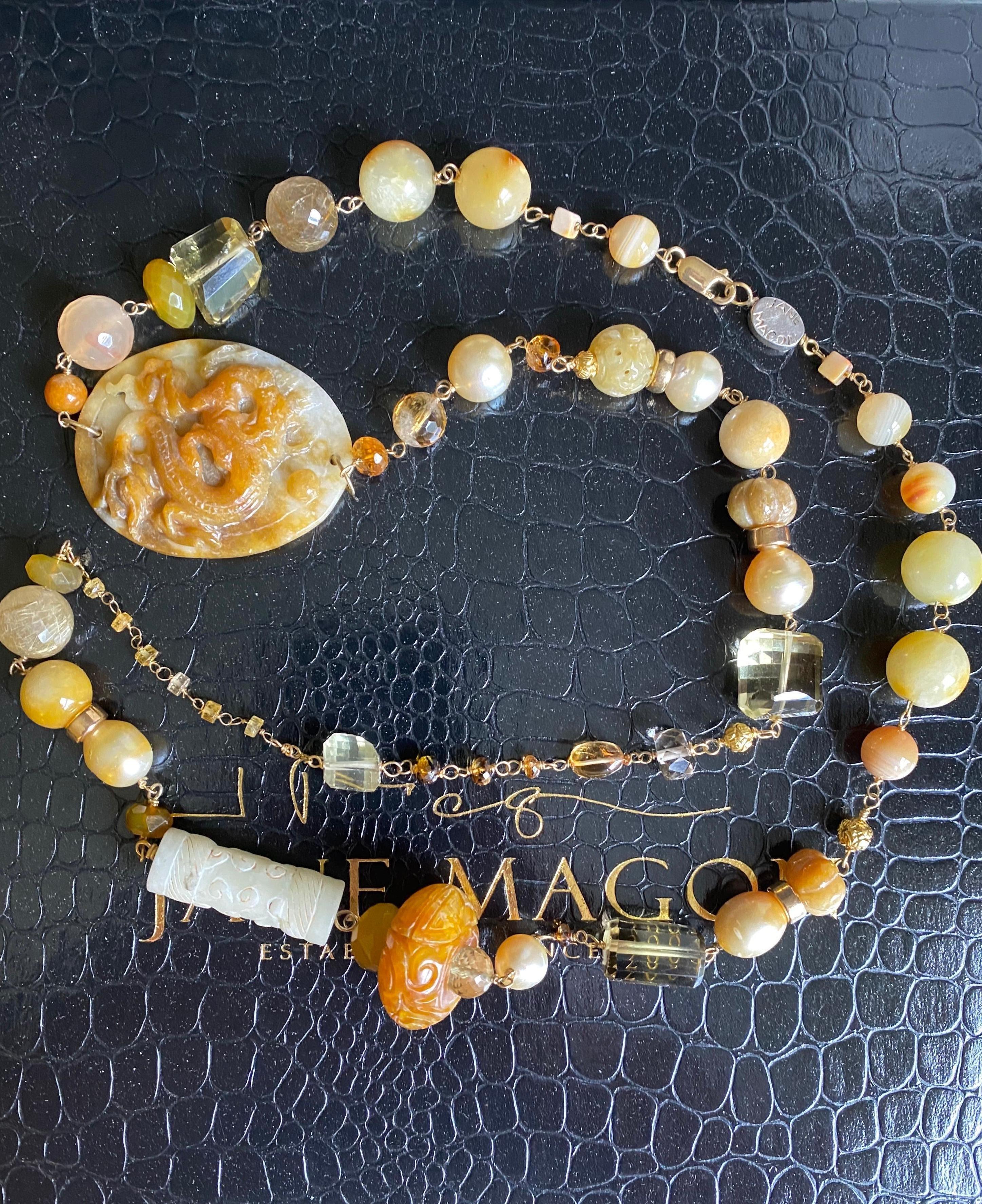 Women's or Men's Gold South Sea Pearls, Honey Jade, Multi Gemstone 18kt Gold Statement Necklace For Sale
