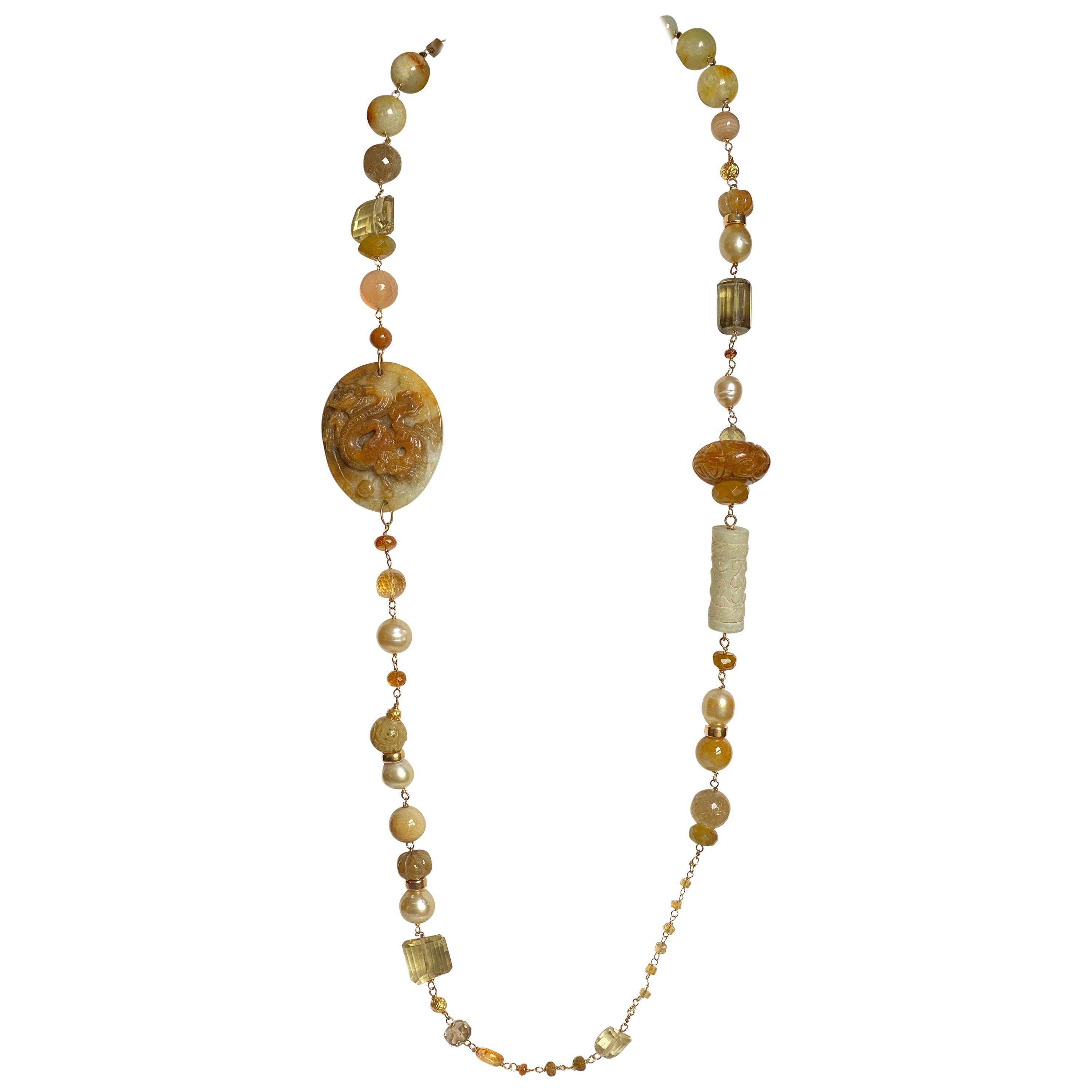 Gold South Sea Pearls, Honey Jade, Multi Gemstone 18kt Gold Statement Necklace For Sale