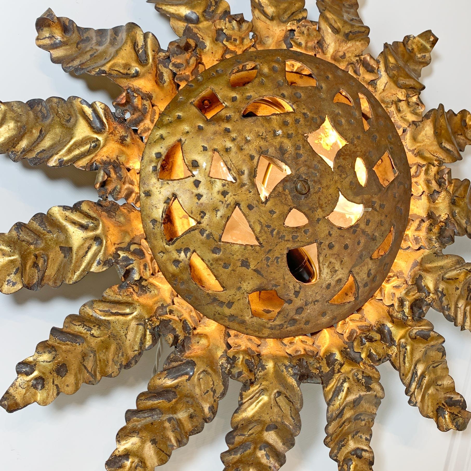 Gold Spanish Sunburst Light with Perforate Decorative Plate For Sale 2