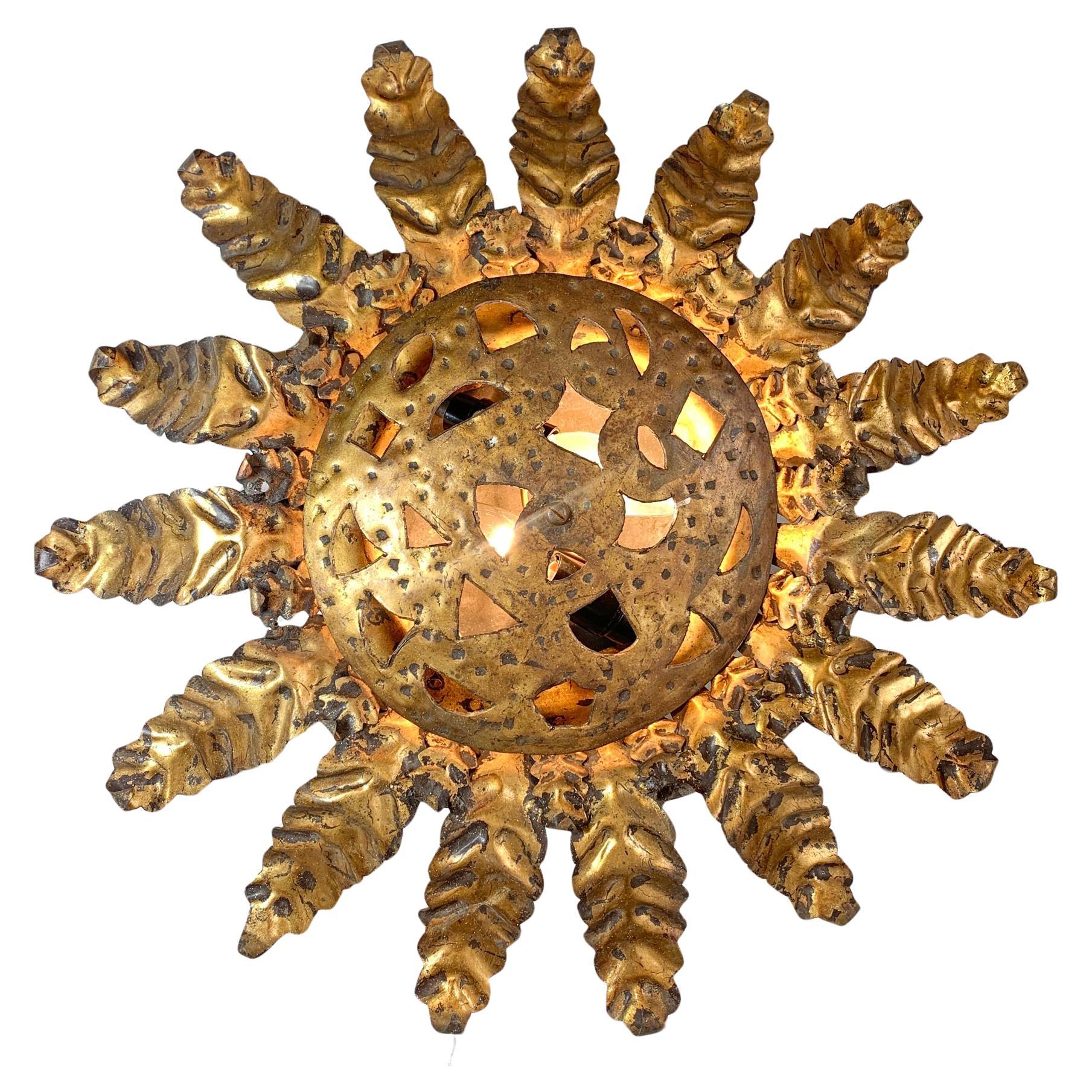 Gold Spanish Sunburst Light with Perforate Decorative Plate For Sale