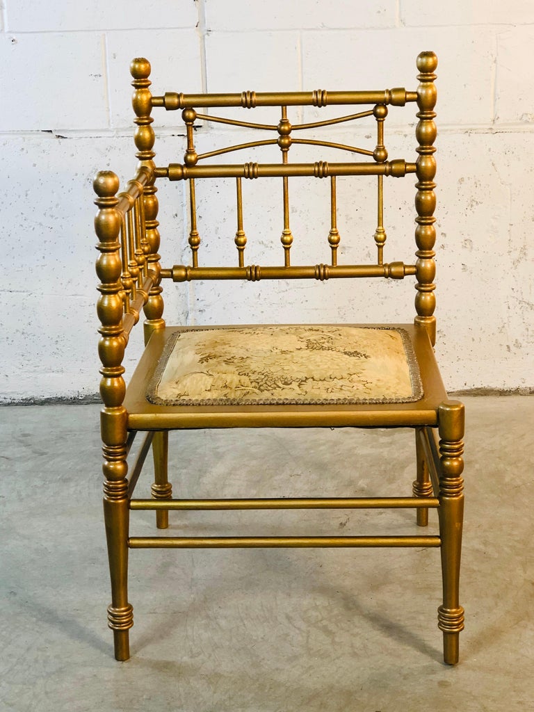 Gold Spindle Back Corner Chair with Floral Fabric Seat For Sale at 1stDibs
