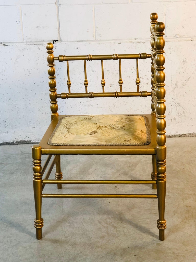 Gold Spindle Back Corner Chair with Floral Fabric Seat For Sale at 1stDibs