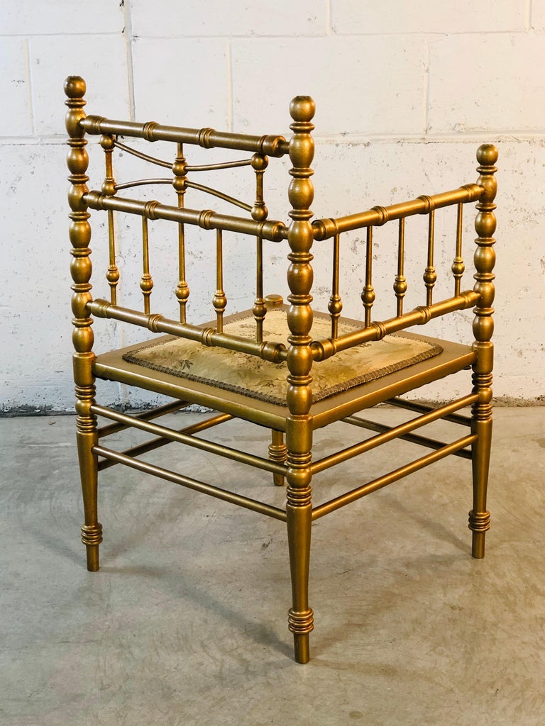 Gold Spindle Back Corner Chair with Floral Fabric Seat For Sale at 1stDibs