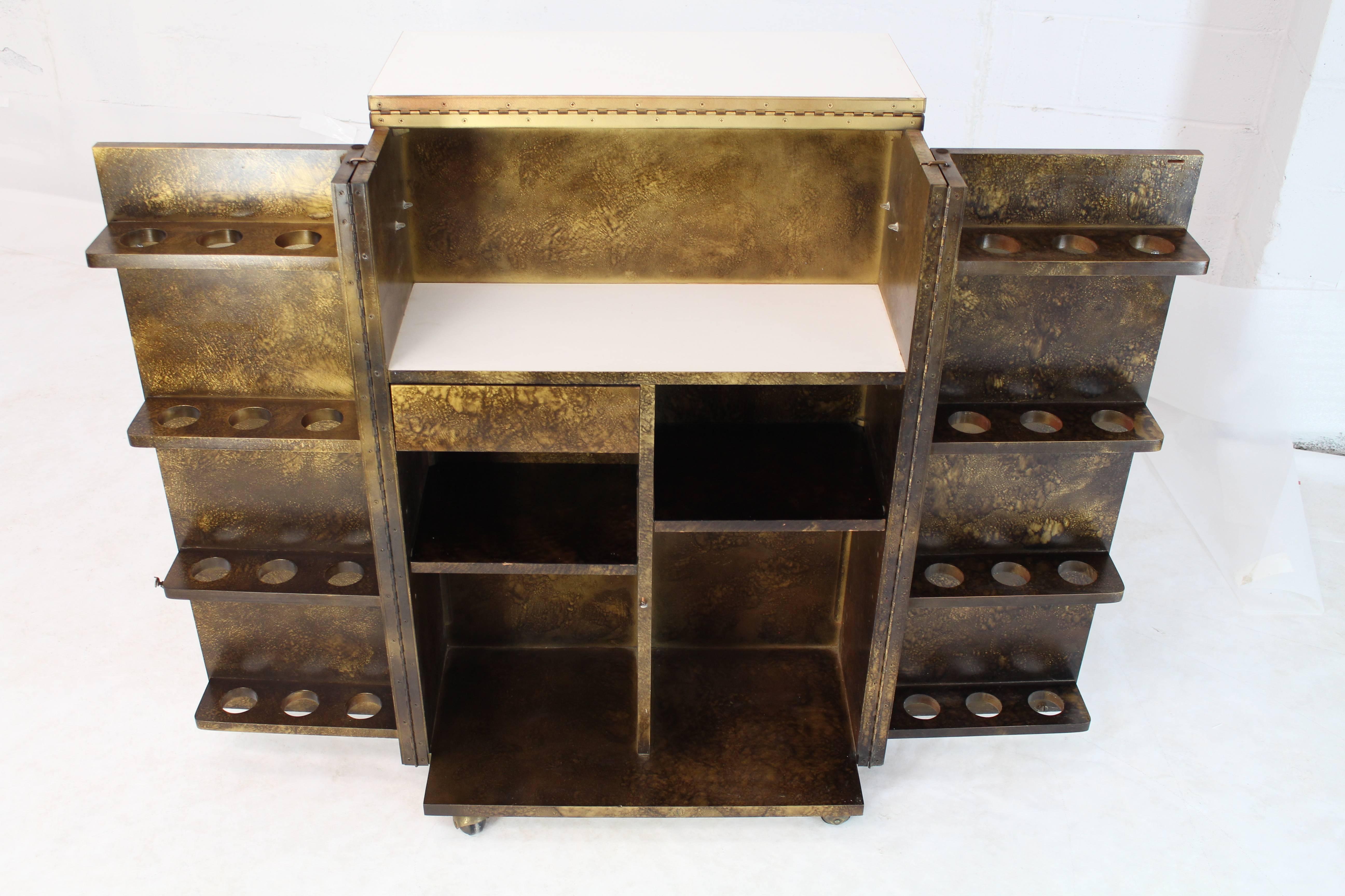 Mid-Century Modern Gold Splatter Tortoise Shell Finish Bar Liquor Cabinet on Wheels