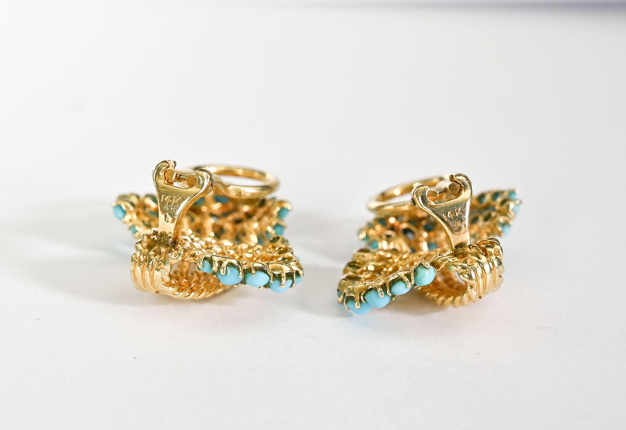 Cabochon Gold Spray Earrings with Turquoise For Sale
