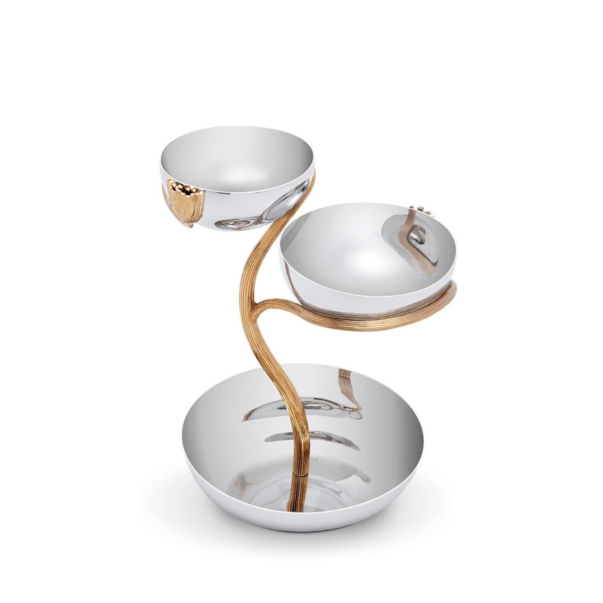 Cup gold stalk 3 medium with 3 polished stainless steel
bowls and with polished stainless steel 24-karat gold
plated stalk.