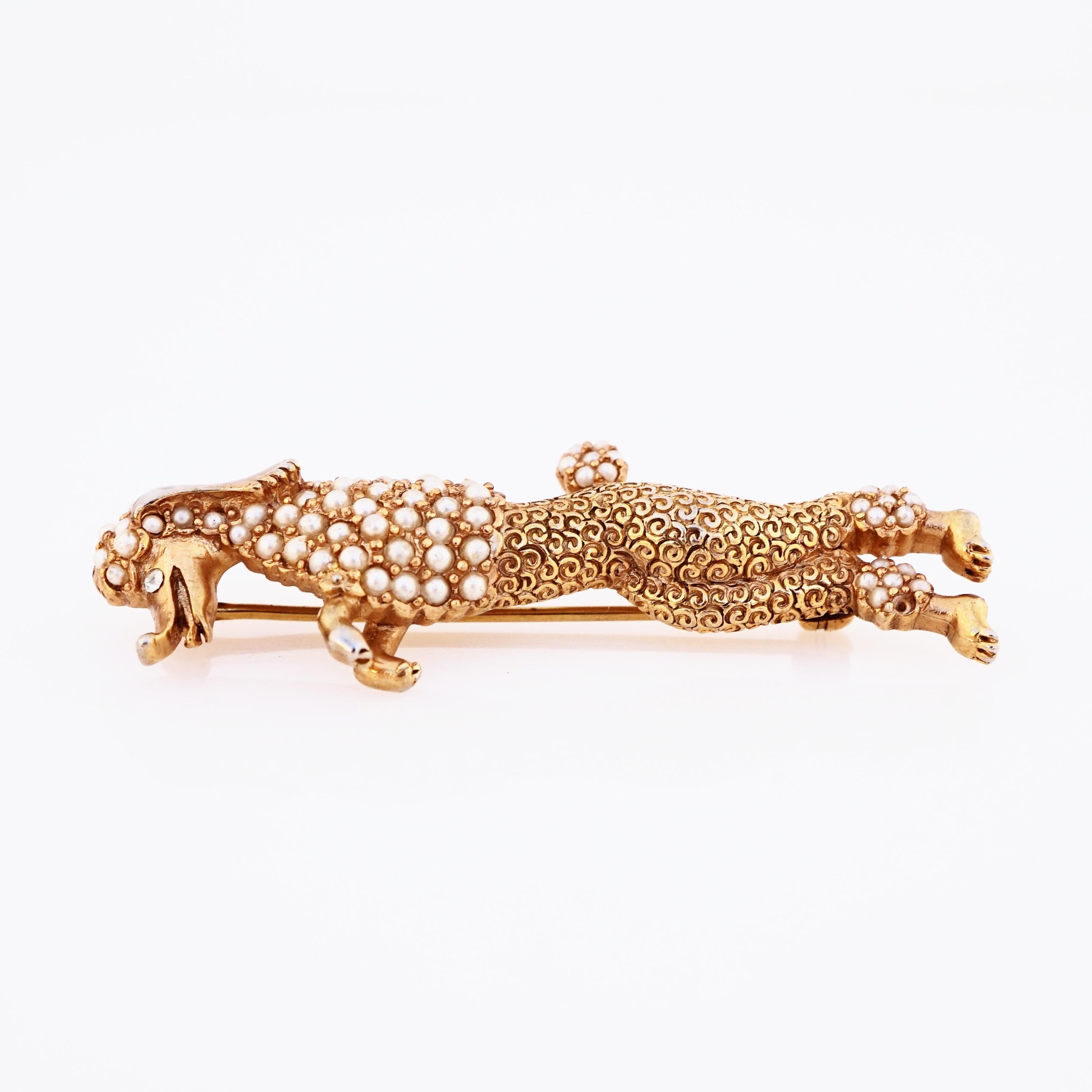 Modern Gold Standing Poodle Dog Figural Brooch With Seed Pearl Pavé By Ciner, 1950s