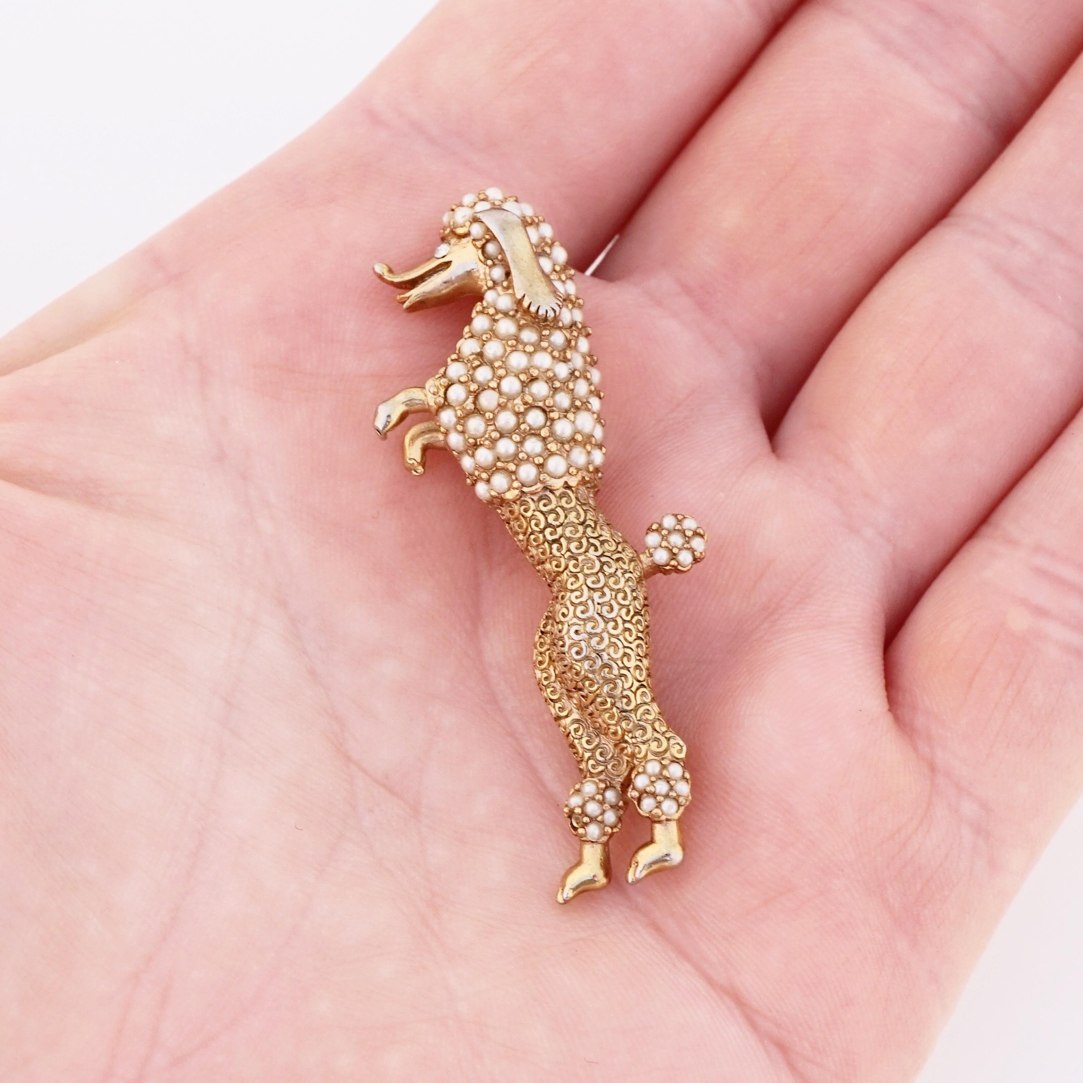 Women's Gold Standing Poodle Dog Figural Brooch With Seed Pearl Pavé By Ciner, 1950s