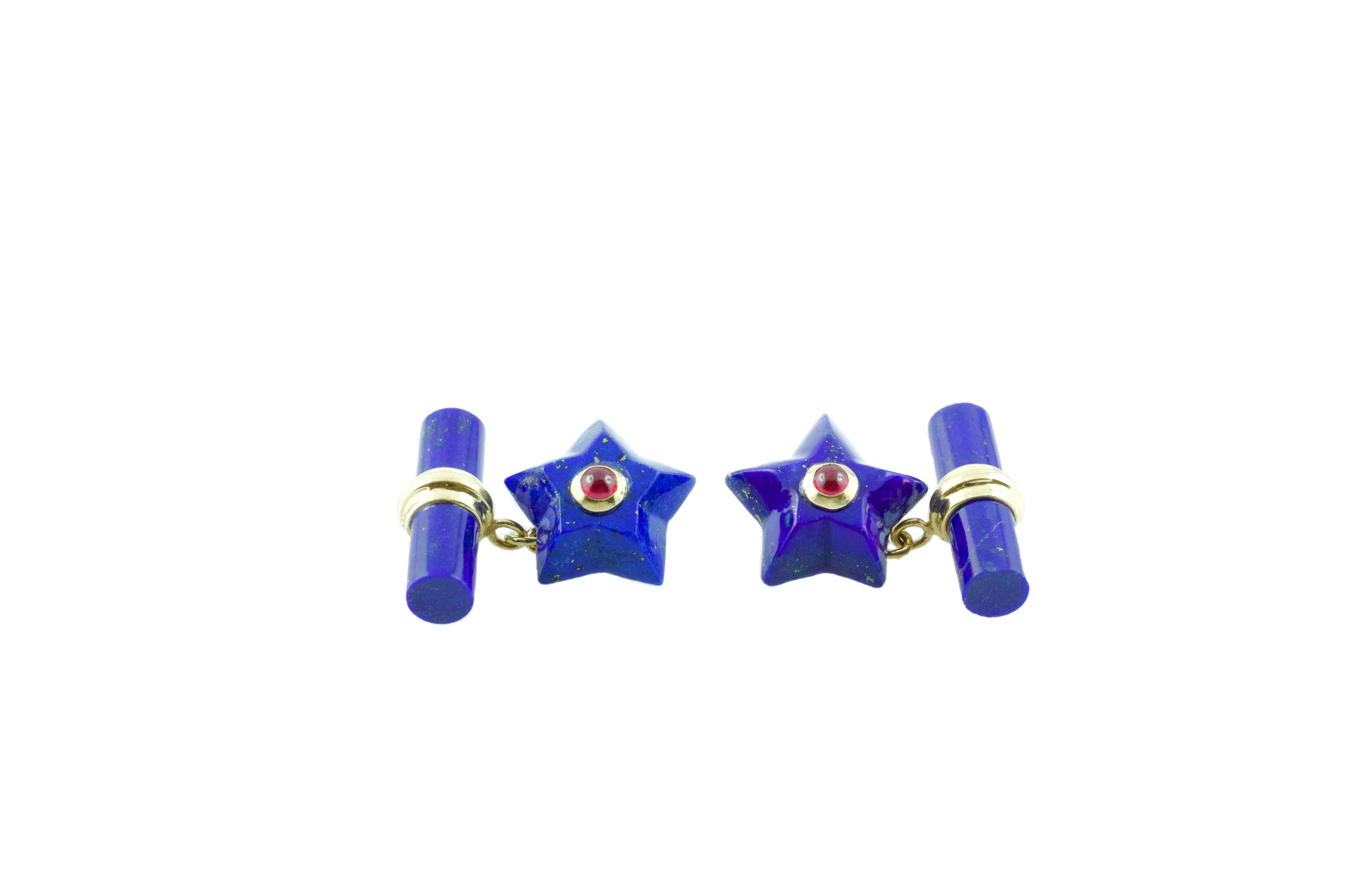 Gold Star Cufflinks Lapis Lazuli and Ruby In New Condition For Sale In Milano, IT