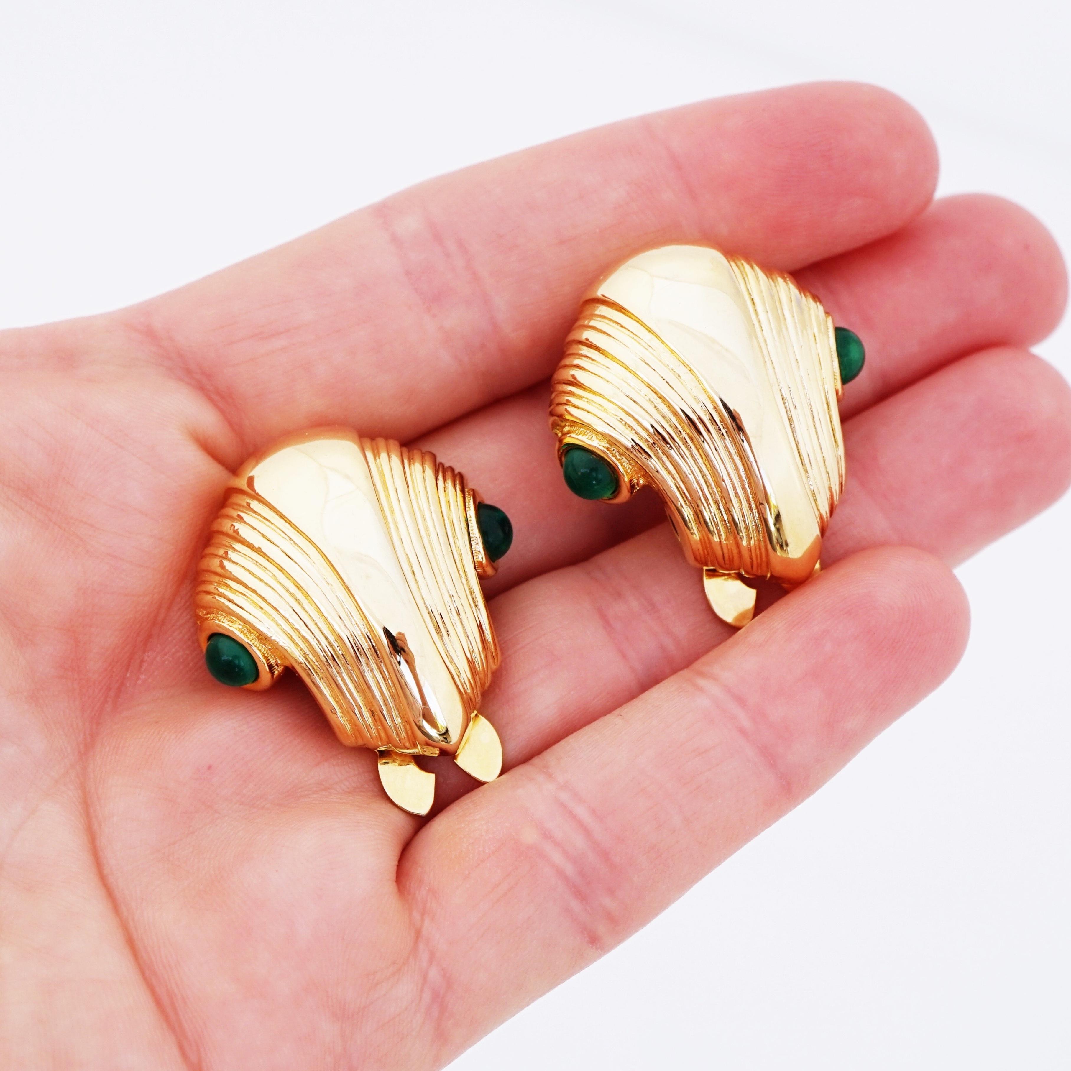 Women's Gold Statement Earrings With Emerald Glass Cabochons By Paolo Gucci, 1980s For Sale