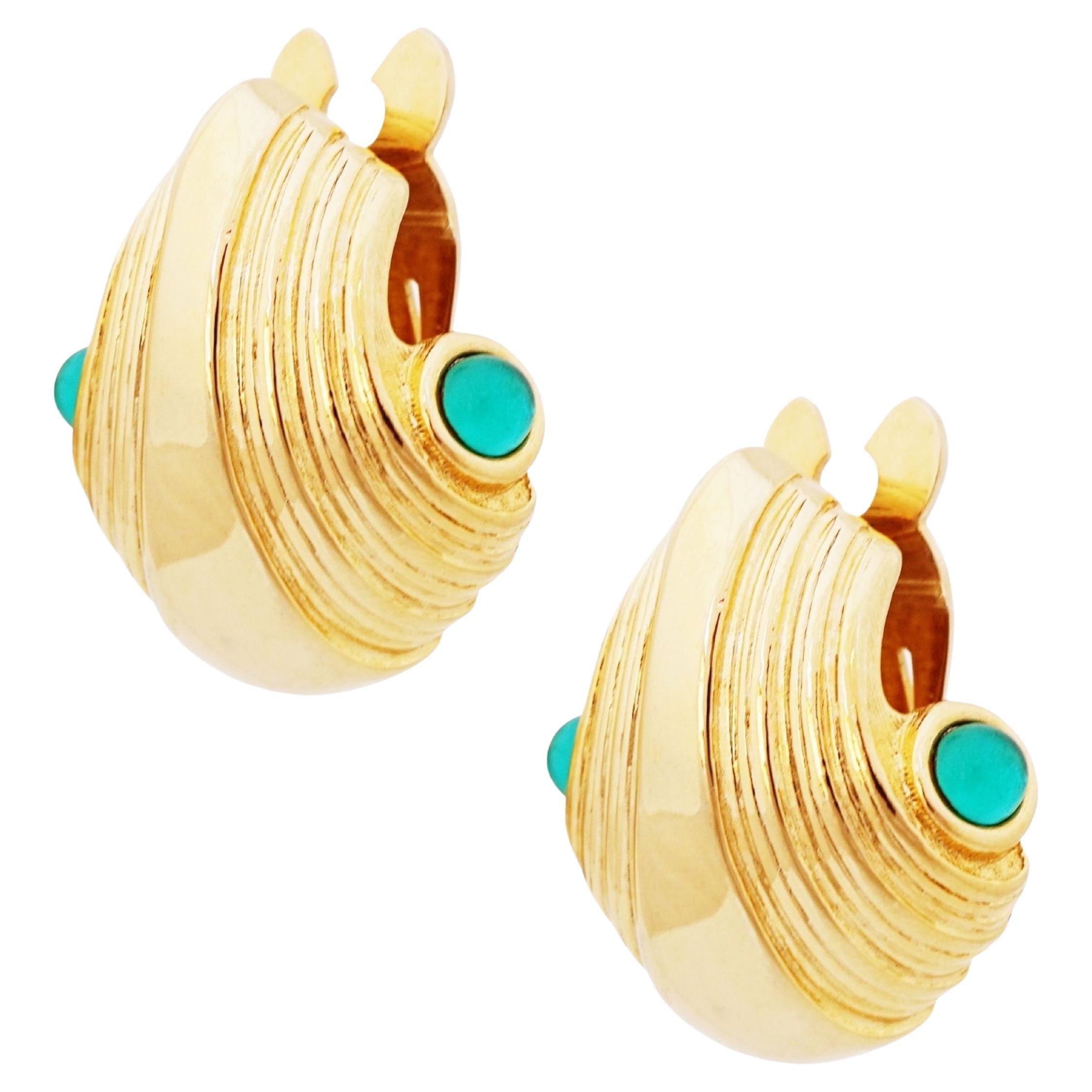 Gold Statement Earrings With Emerald Glass Cabochons By Paolo Gucci, 1980s For Sale