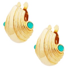 Vintage Gold Statement Earrings With Emerald Glass Cabochons By Paolo Gucci, 1980s