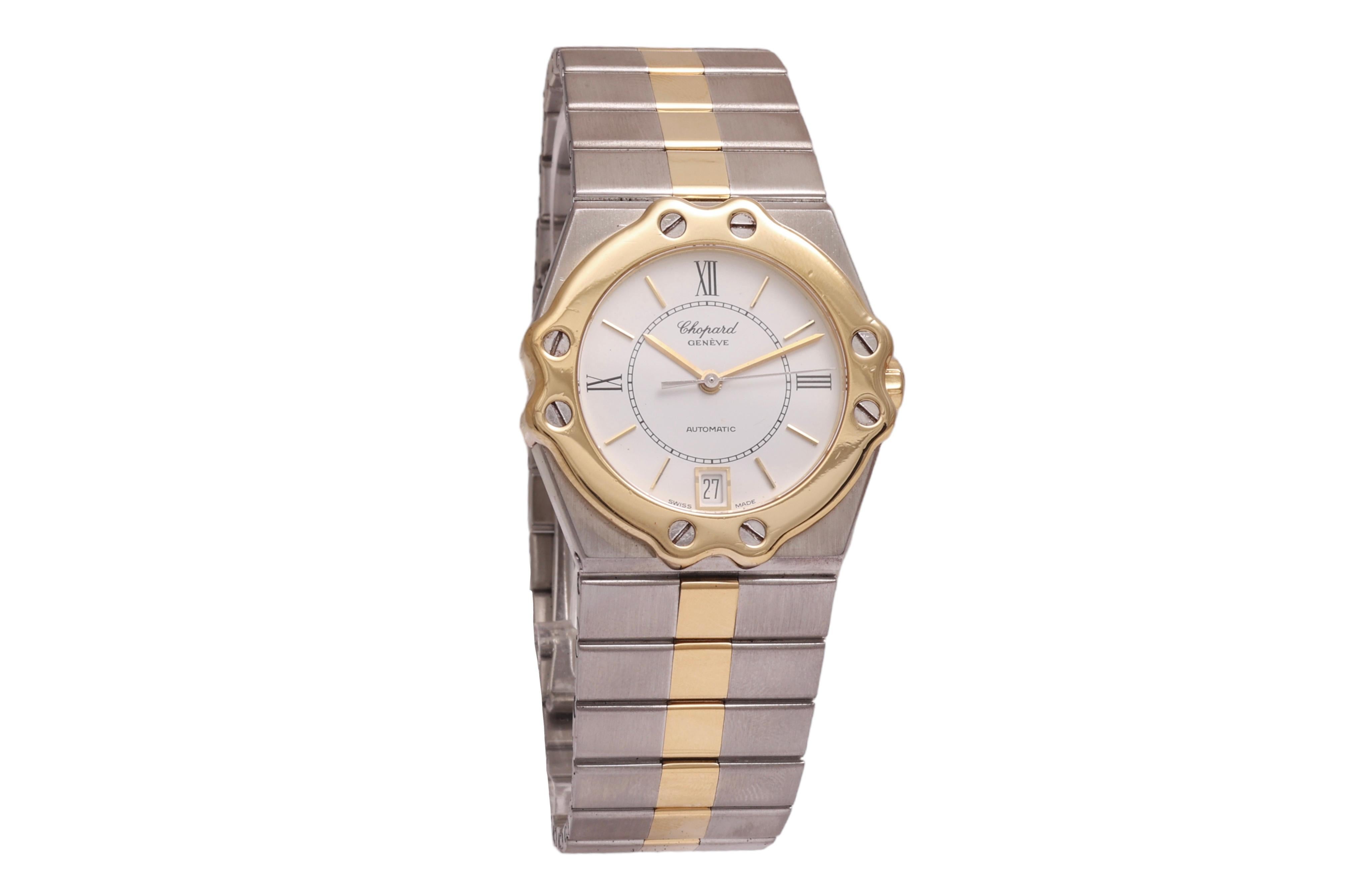 18 Kt Gold & Stahl Chopard St Moritz Automatik-Armbanduhr mit Chopard Box

Zifferblatt : Weiß
Uhrwerk : Mechanisch mit automatischem Aufzug
Gehäuse & Armband : 18 KT Gold & Edelstahl