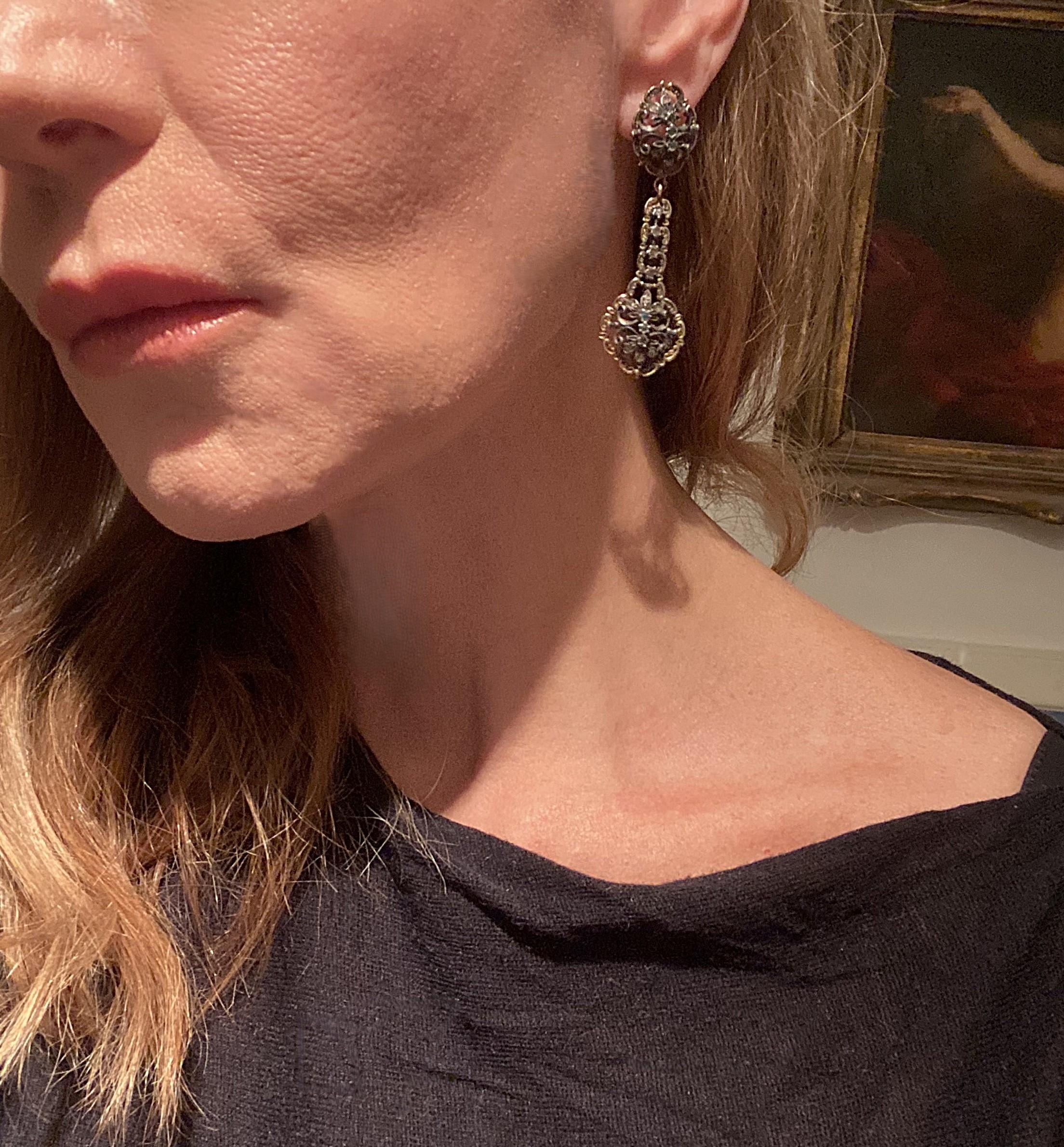 Victorian Gold Sterling Silver and Emerald Dangle Earrings For Sale