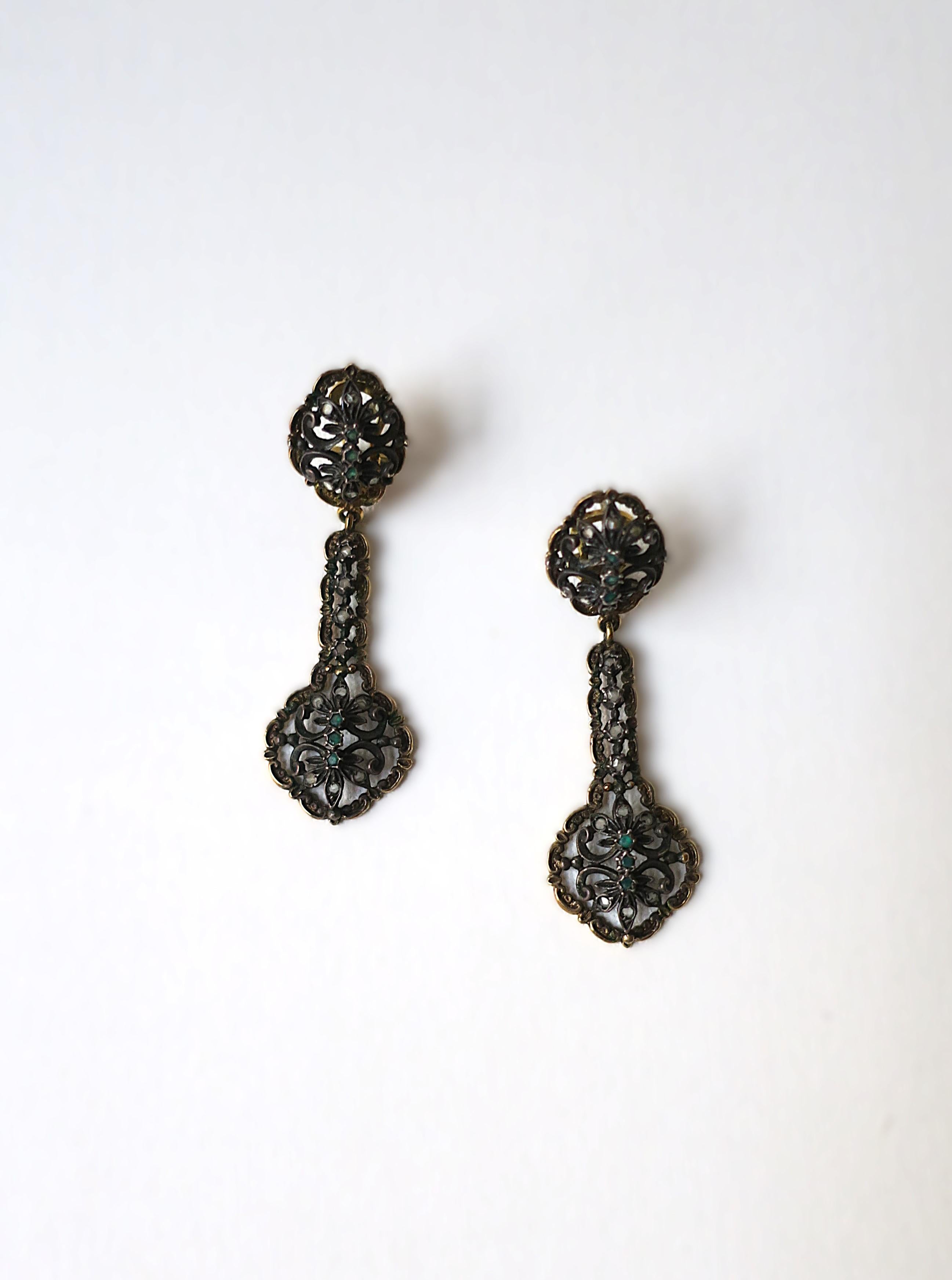 Women's or Men's Gold Sterling Silver and Emerald Dangle Earrings For Sale