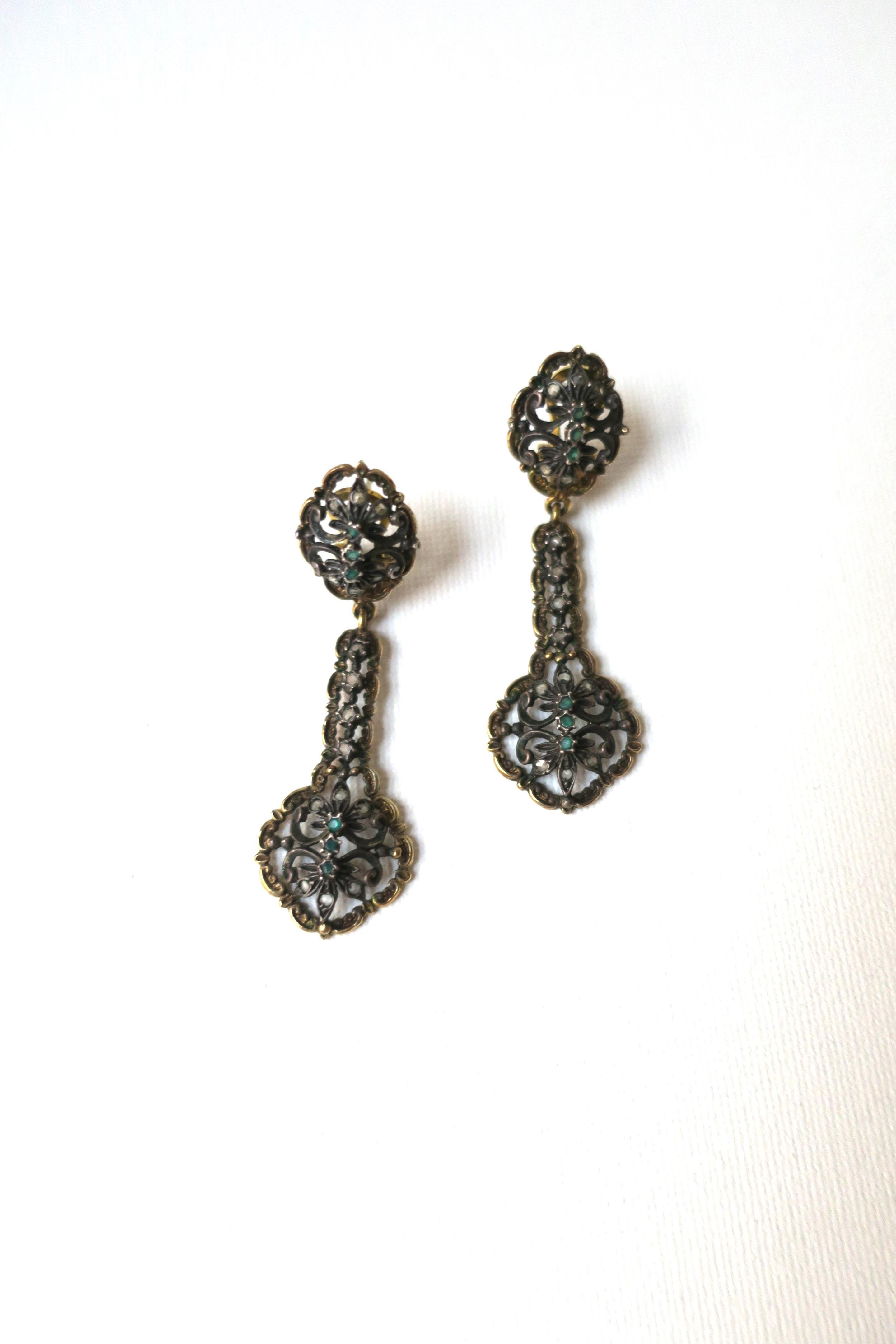 Gold Sterling Silver and Emerald Dangle Earrings For Sale 1