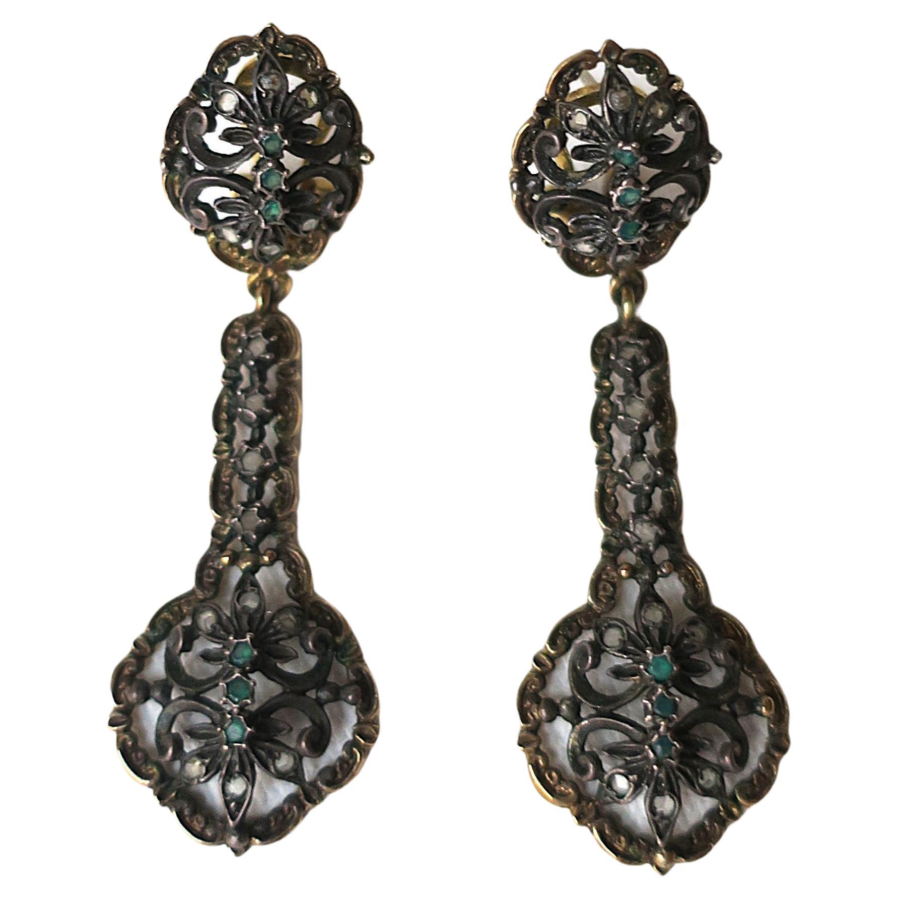 Gold Sterling Silver and Emerald Dangle Earrings