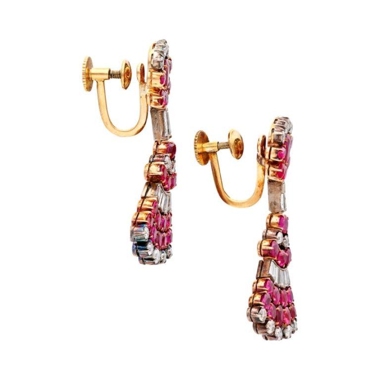 Brilliant Cut Gold, Sterling Silver, Ruby and Diamond Earclips For Sale
