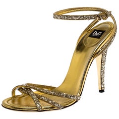Gold Strappy Glitter and Leather Open Toe Ankle Strap Sandal Size 38