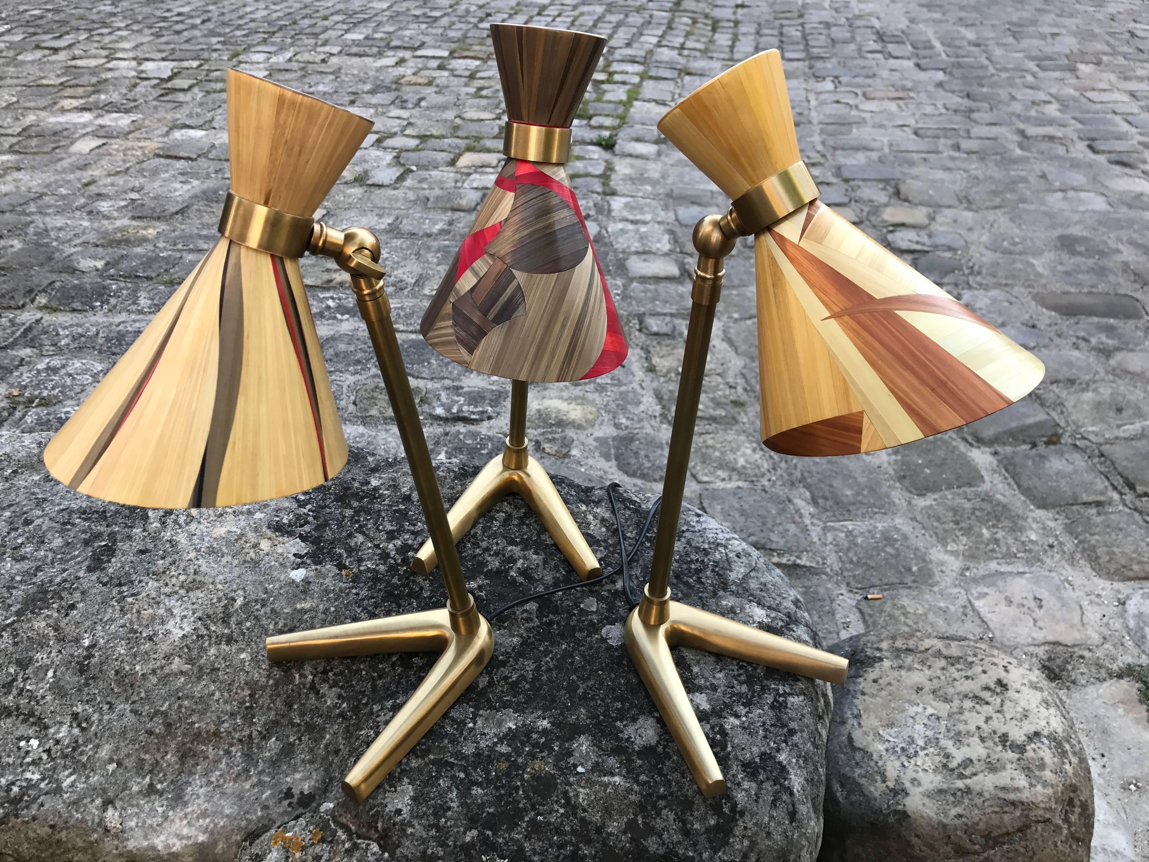 French Gold Straw Marquetry and Brass Table  Lamp, France