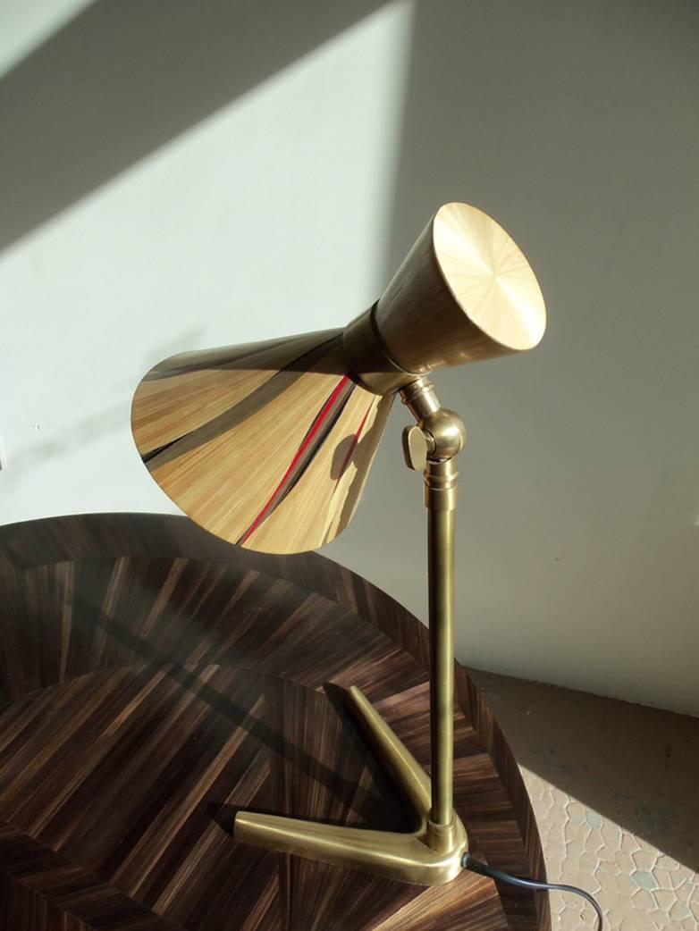 Contemporary Gold Straw Marquetry and Brass Table  Lamp, France