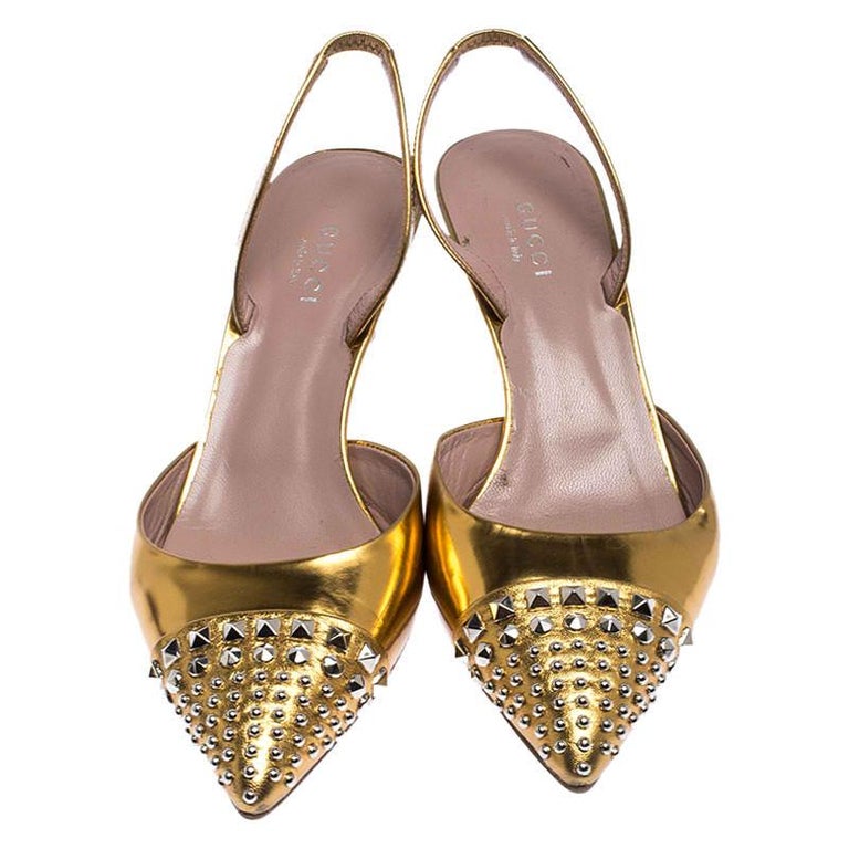 Gold Studded Patent Leather Pointed Toe Kitten Heel Slingback Sandals