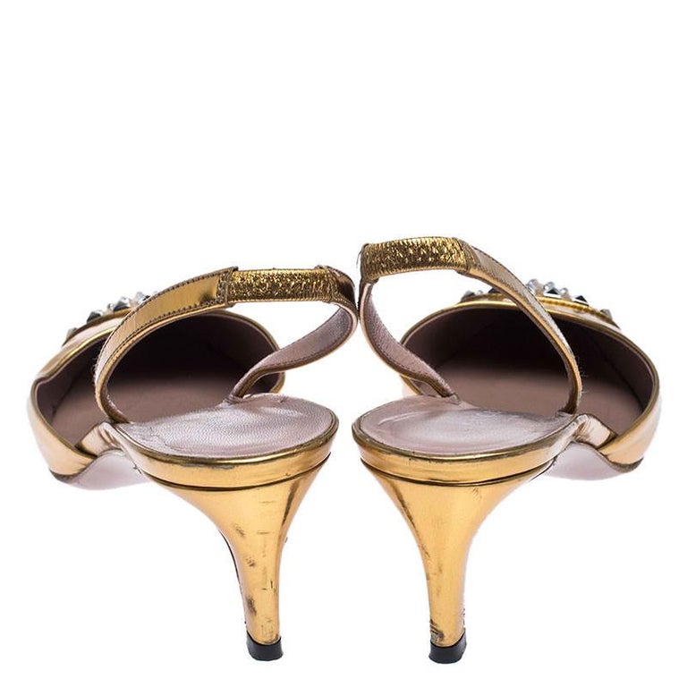 Gold Studded Patent Leather Pointed Toe Kitten Heel Slingback Sandals Size 36 at 1stDibs gold