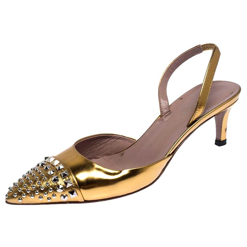 Gold Studded Patent Leather Pointed Toe Kitten Heel Slingback Sandals Size 36