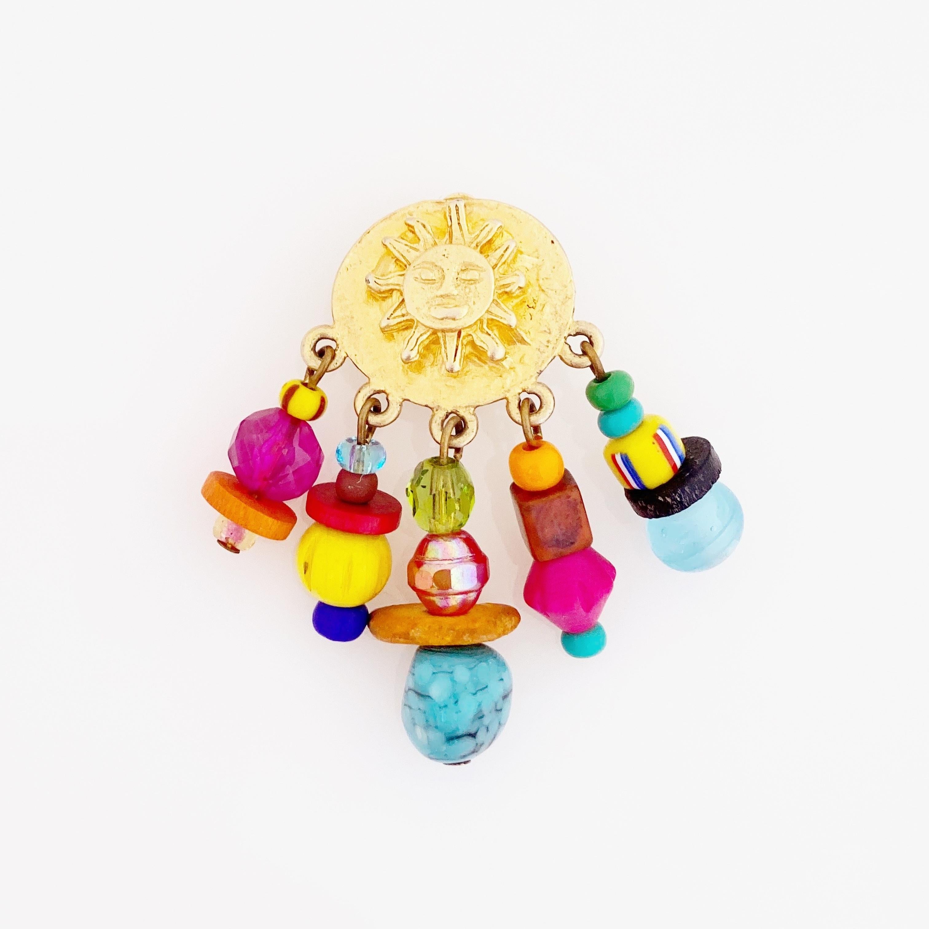 Modern Gold Sun Disc Earrings With Colorful Bead Dangles By RJ Graziano, 1990s