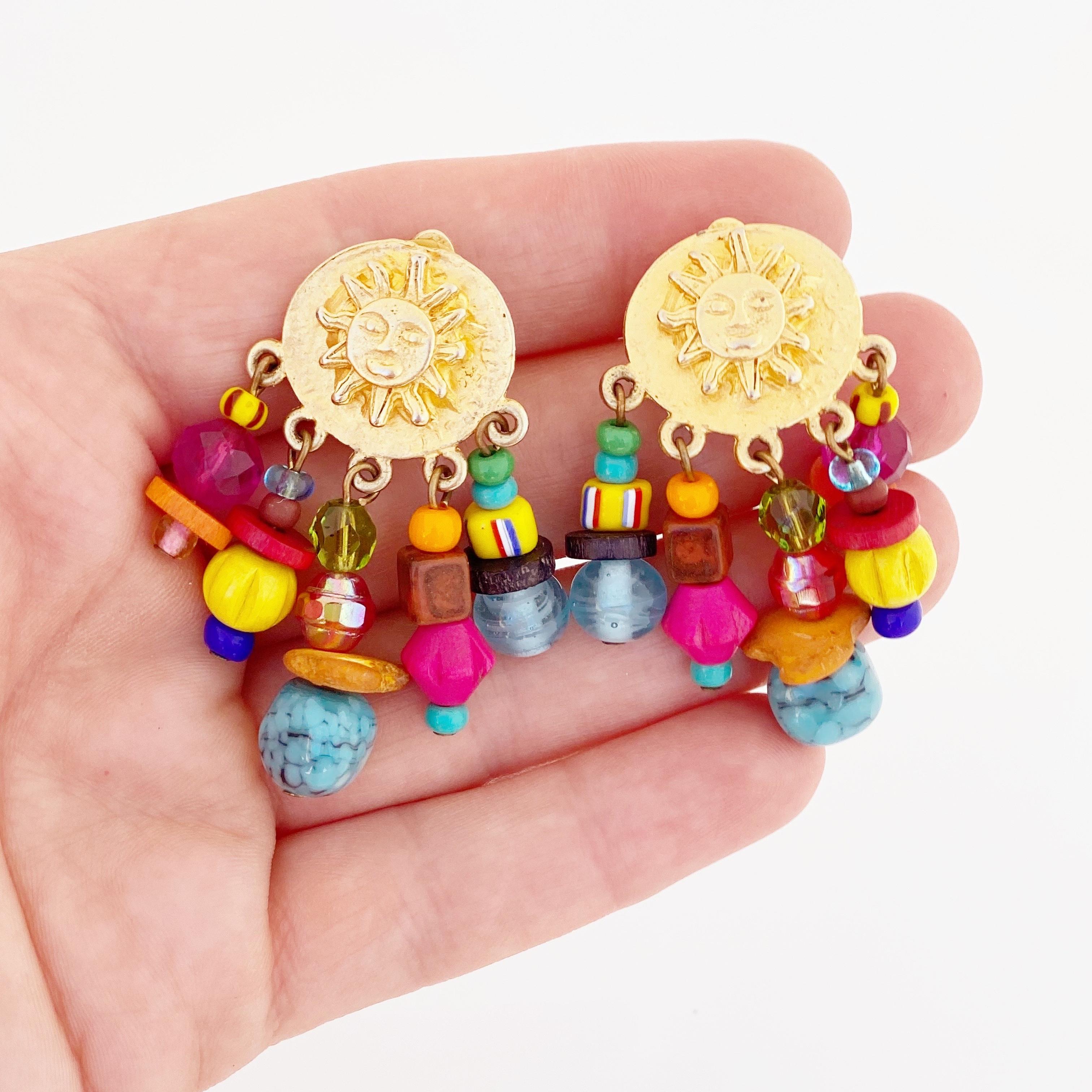 Women's Gold Sun Disc Earrings With Colorful Bead Dangles By RJ Graziano, 1990s