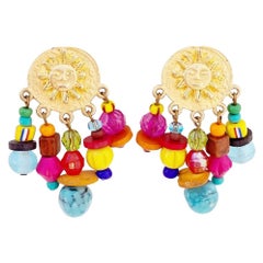 Vintage Gold Sun Disc Earrings With Colorful Bead Dangles By RJ Graziano, 1990s